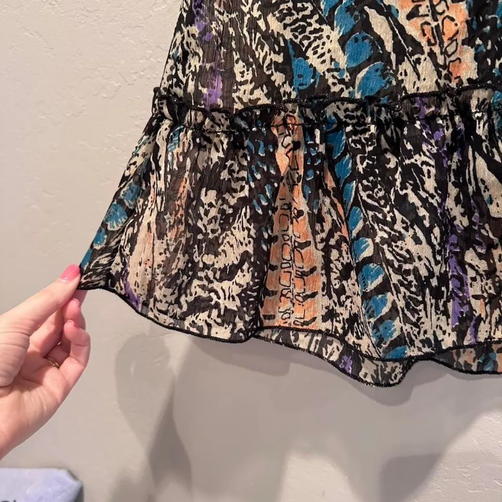 Fire LA Brown Black Blue‎ Animal Print Ruffle Tie Blouse Sz Medium Y2K - Image 5