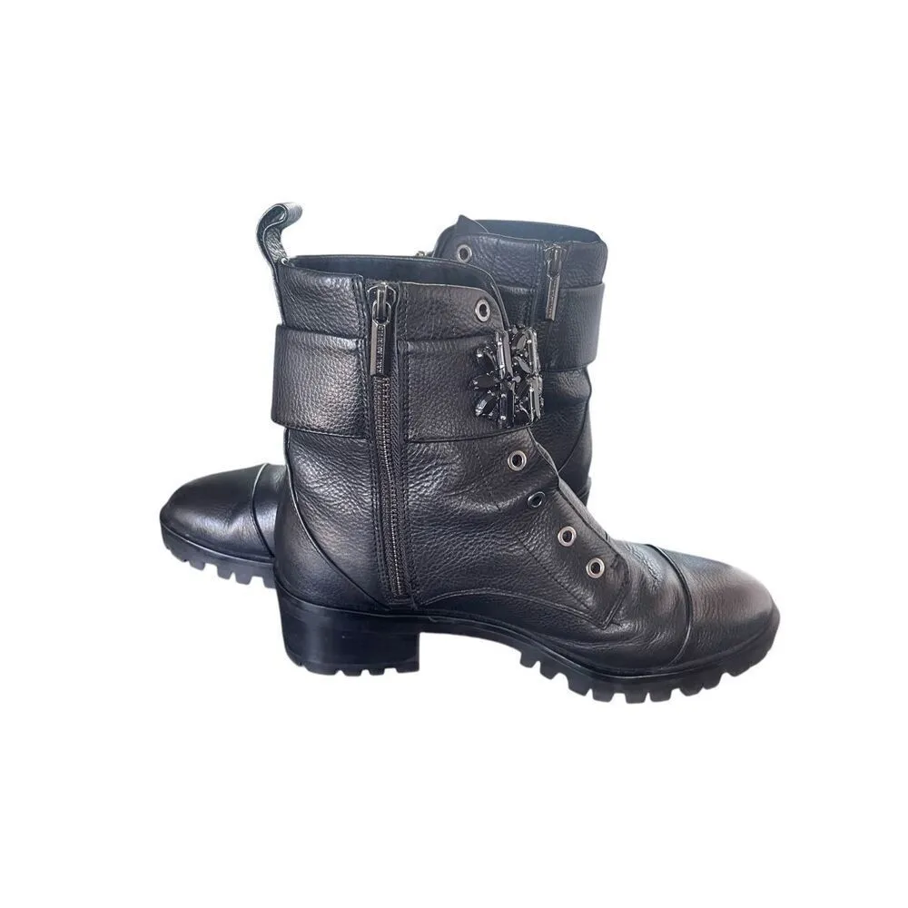 Karl Lagerfeld Pipa Crystal Embellished Platform Ankle Boots Black 9.5 Moto - Image 4