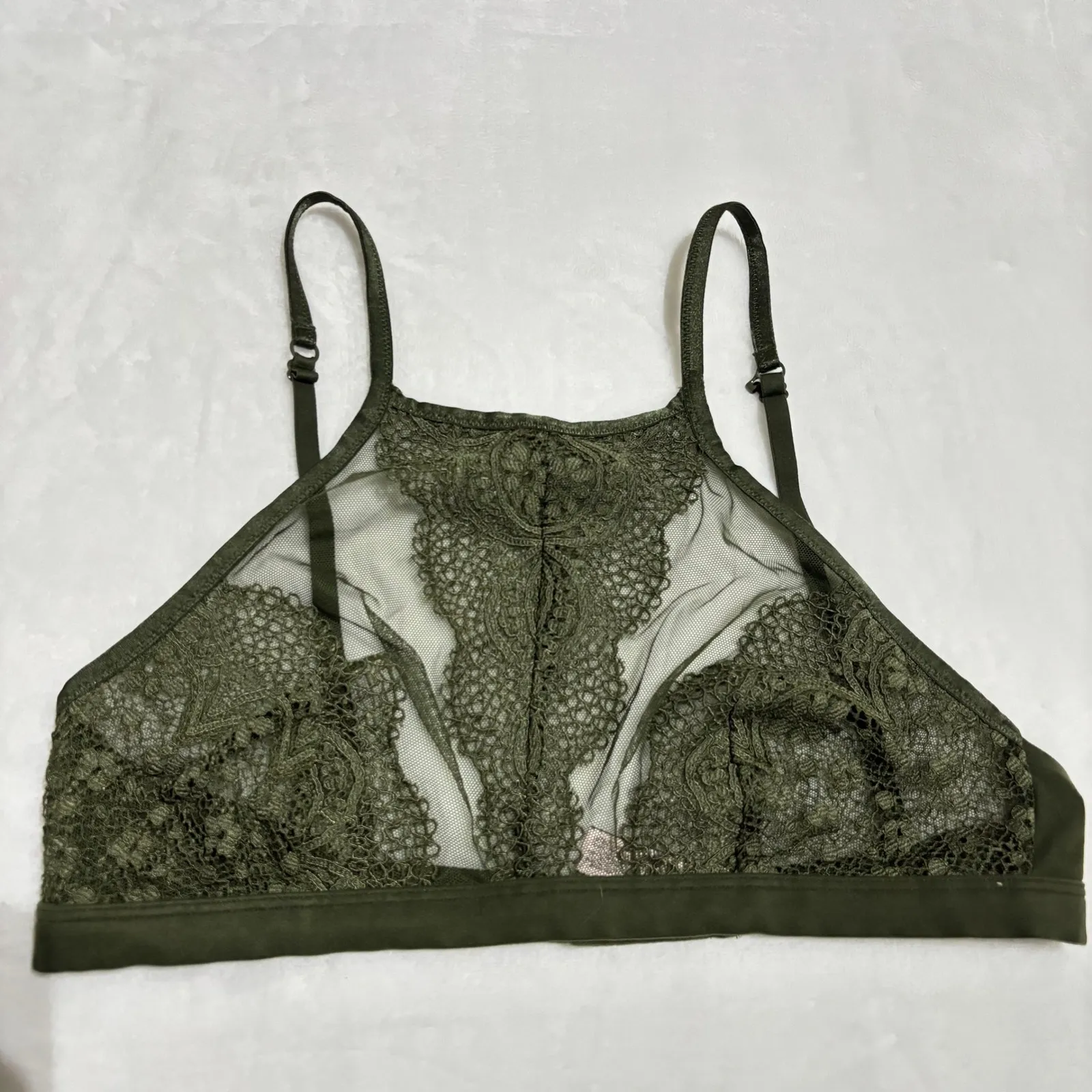 VICTORIA'S SECRET Olive Green Sheer Lace Halter Bralette Bra Bohemian size Large - Image 3