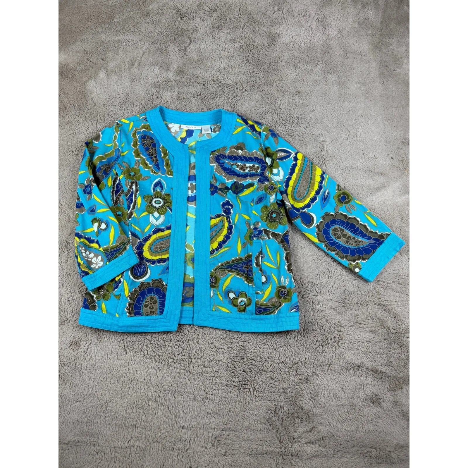 Tantrums‎ Floral Paisley Print Open Front Cardigan Jacket Bohemian Size L Blue Size L - Image 4
