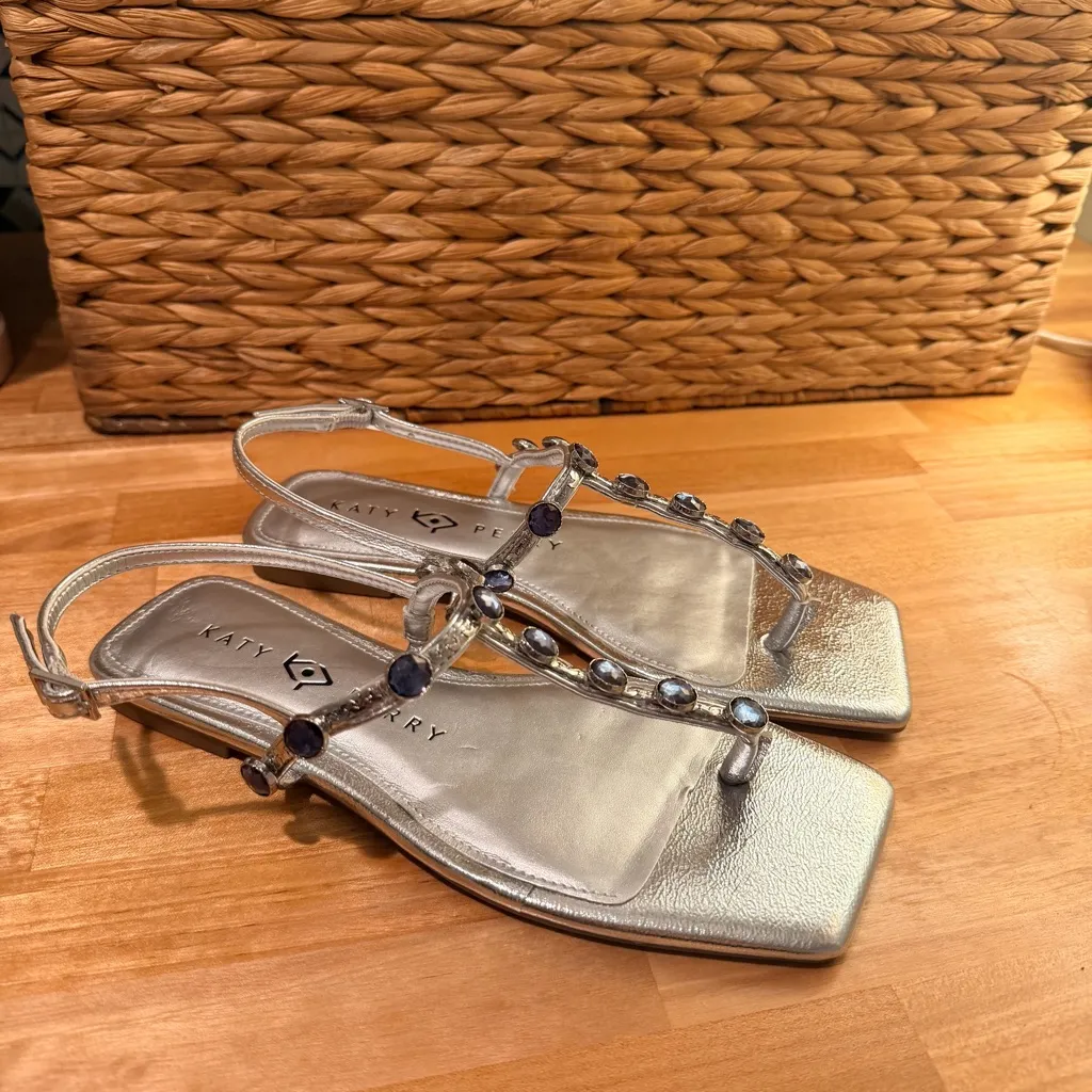 Katy Perry Camie Gemstone Sandals Silver Square Toe Navy Stone Women's 5.5 NWOT - Image 3