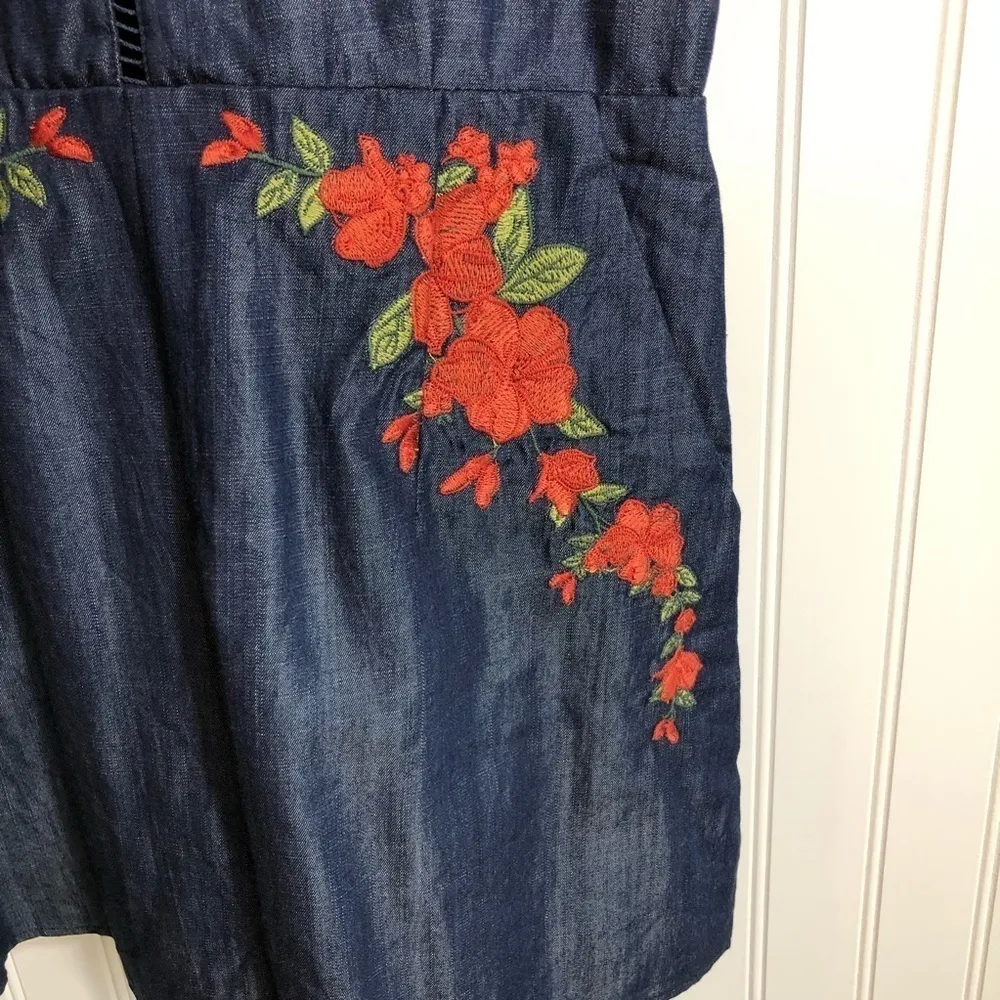 Moon River Roseanne Chambray Embroidered Gameday Romper  - Image 7