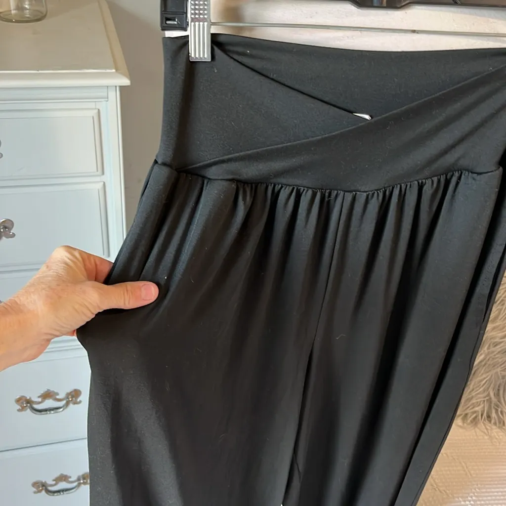 Wide Leg Pants Cross Over Waist Black Silky Stretchy Womens Medium Yoga - Image 7