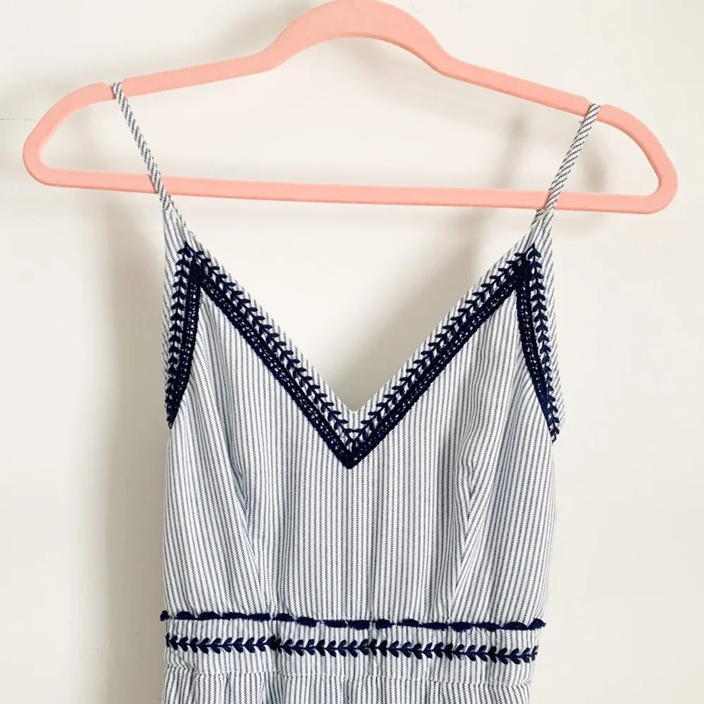 Japna Blue White Seersucker Pinstriped Embroidered Wide Leg Jumpsuit XS - Image 2