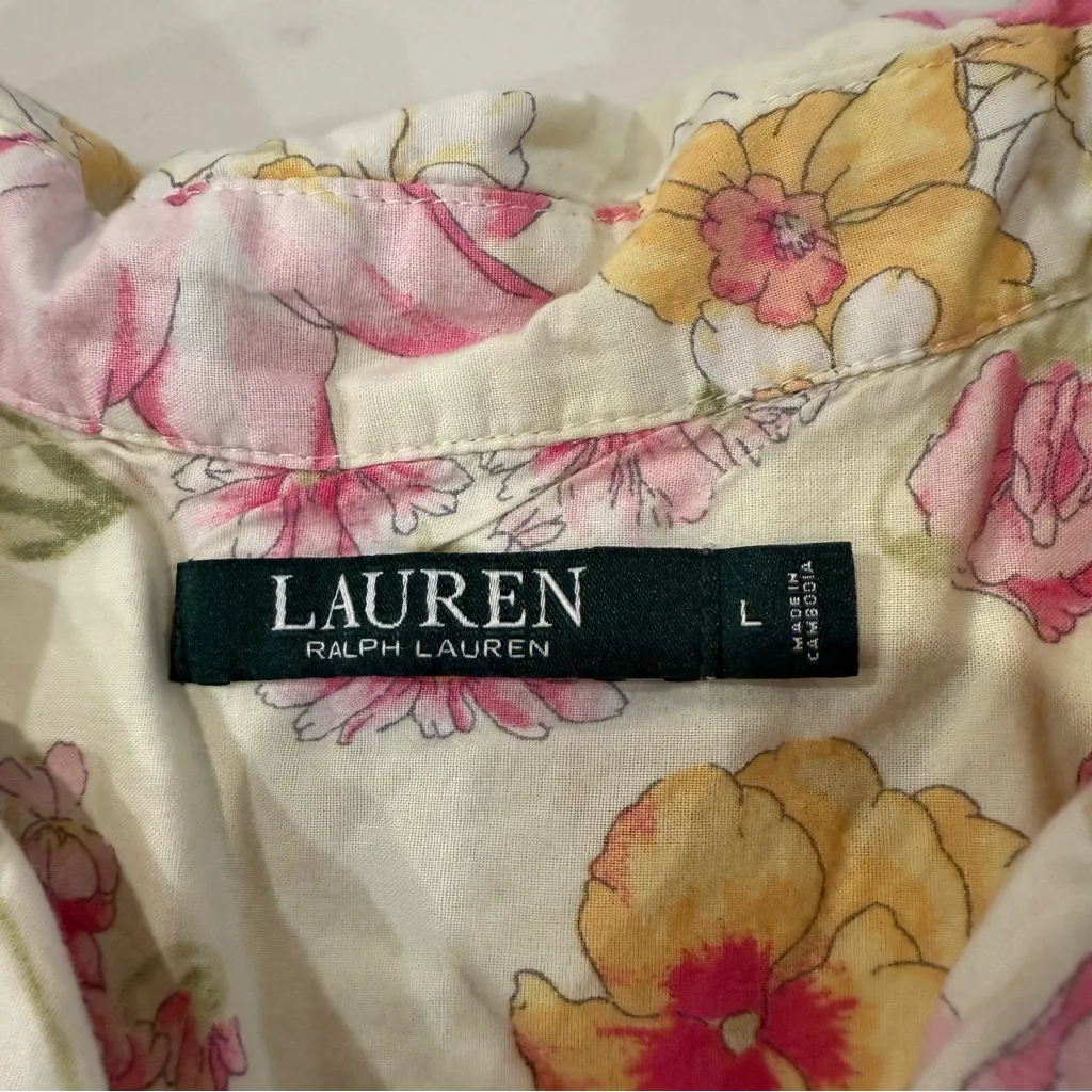 Lauren Ralph Lauren Floral ButtonUp Pajama Top Womens Large Yellow/Pink Feminine - Image 5