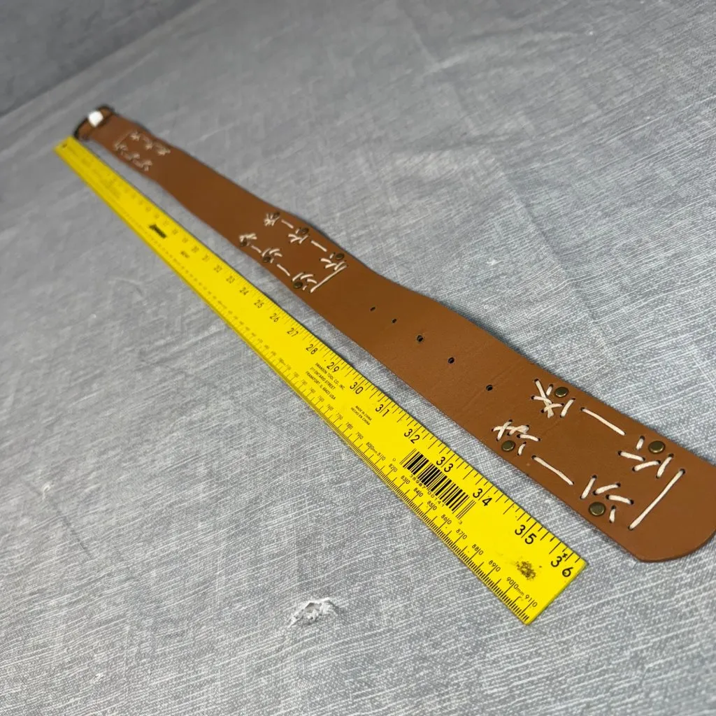 Brown Floral Embossed Leather Belt Faux Turquoise Accents Brass Buckle Women's - Image 5