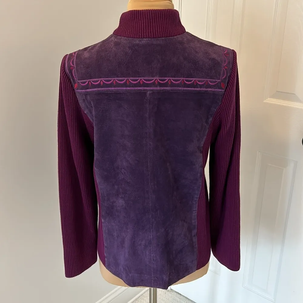 Vintage Bob Mackie Purple Suede Embroidered Full Zip Cardigan - Image 3