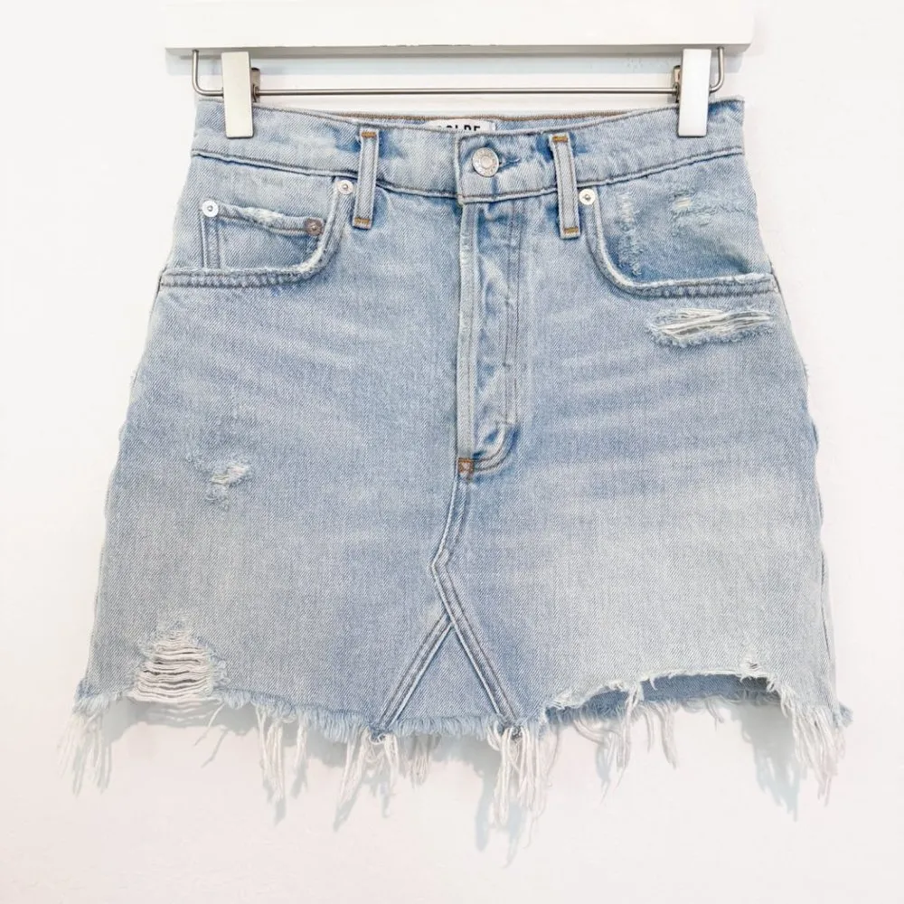 Denim Quinn High Rise Distressed Fray Hem Jean Mini Skirt - Image 3