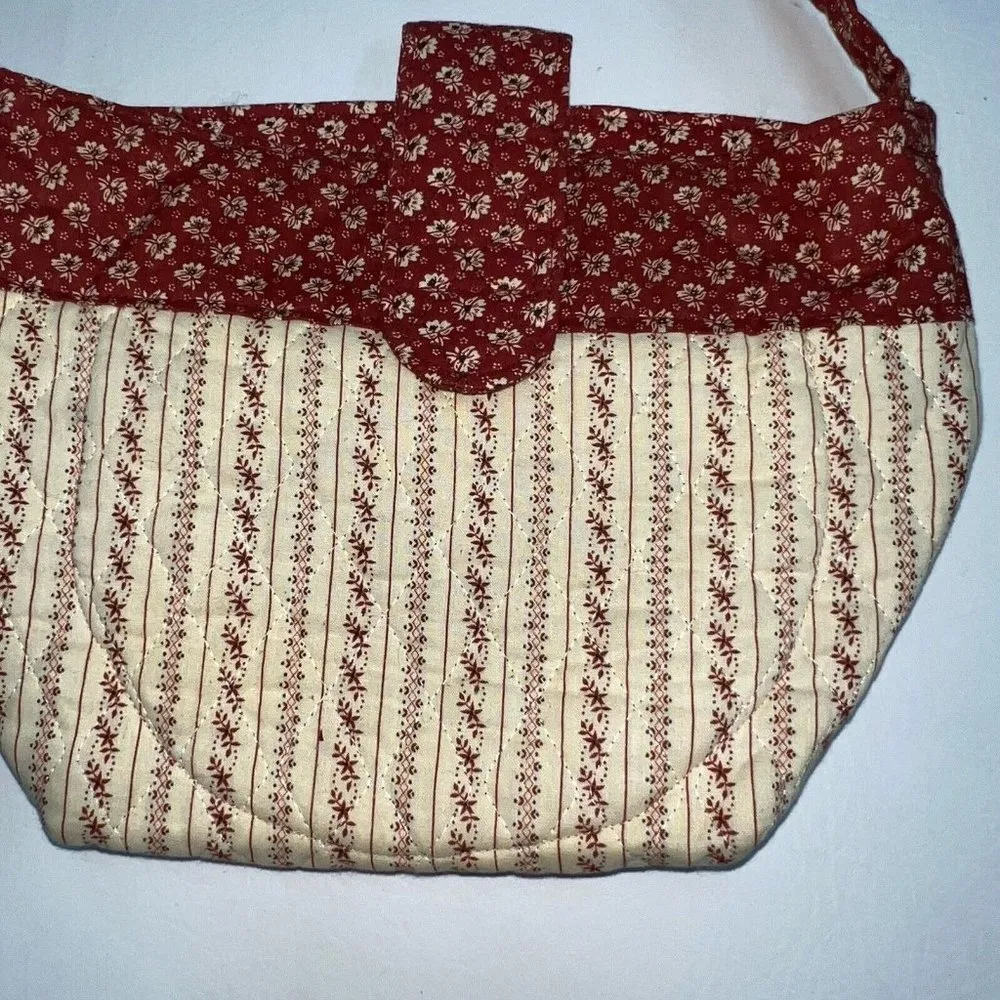 VINTAGE Handmade Fabric Purse Shoulder Bag Floral Print Rust Beige Country Women - Image 2