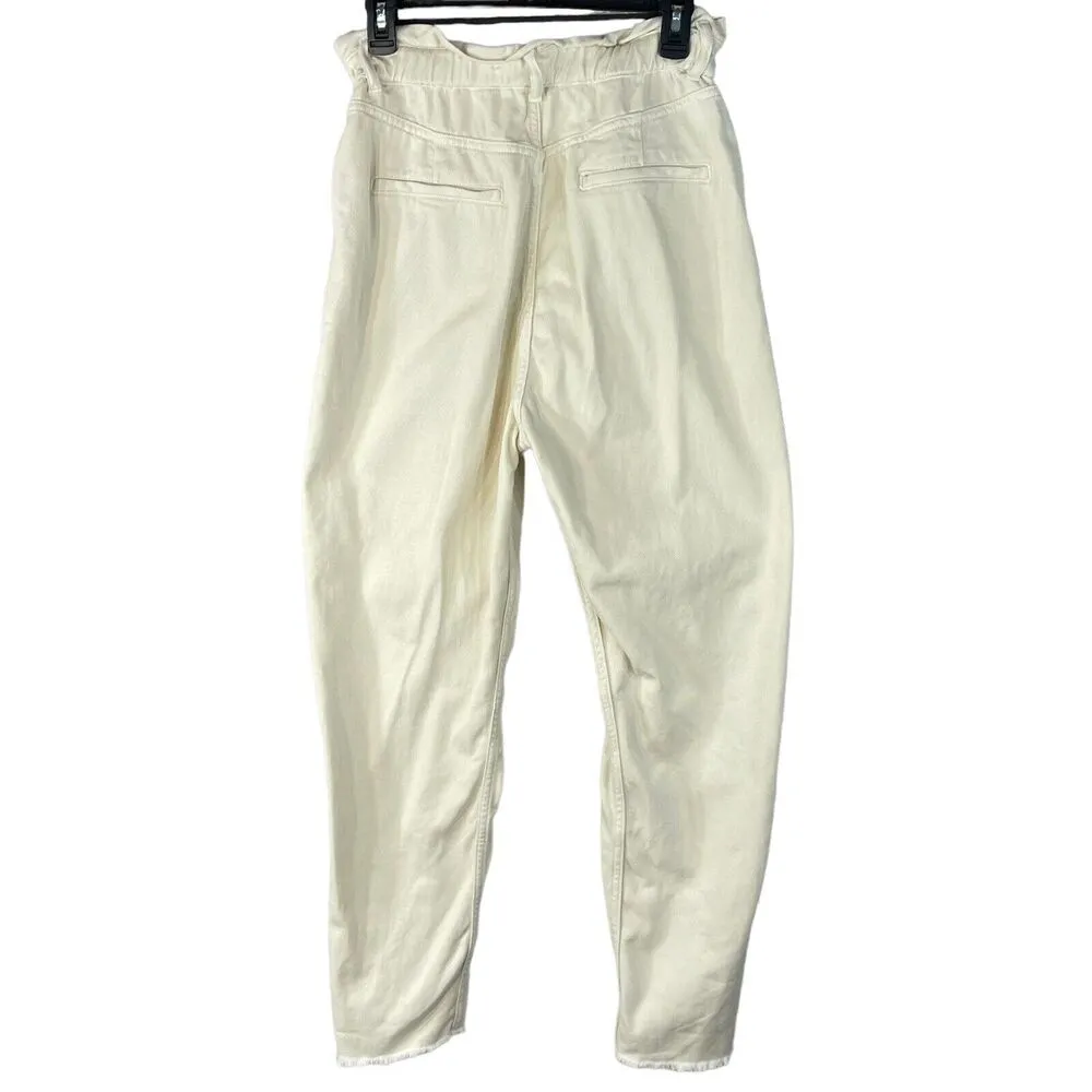 Zara Denim SZ 4 Baggy Paper Bag Jeans High-Rise Zip-Fly Frayed Hems Pocket Cream - Image 3