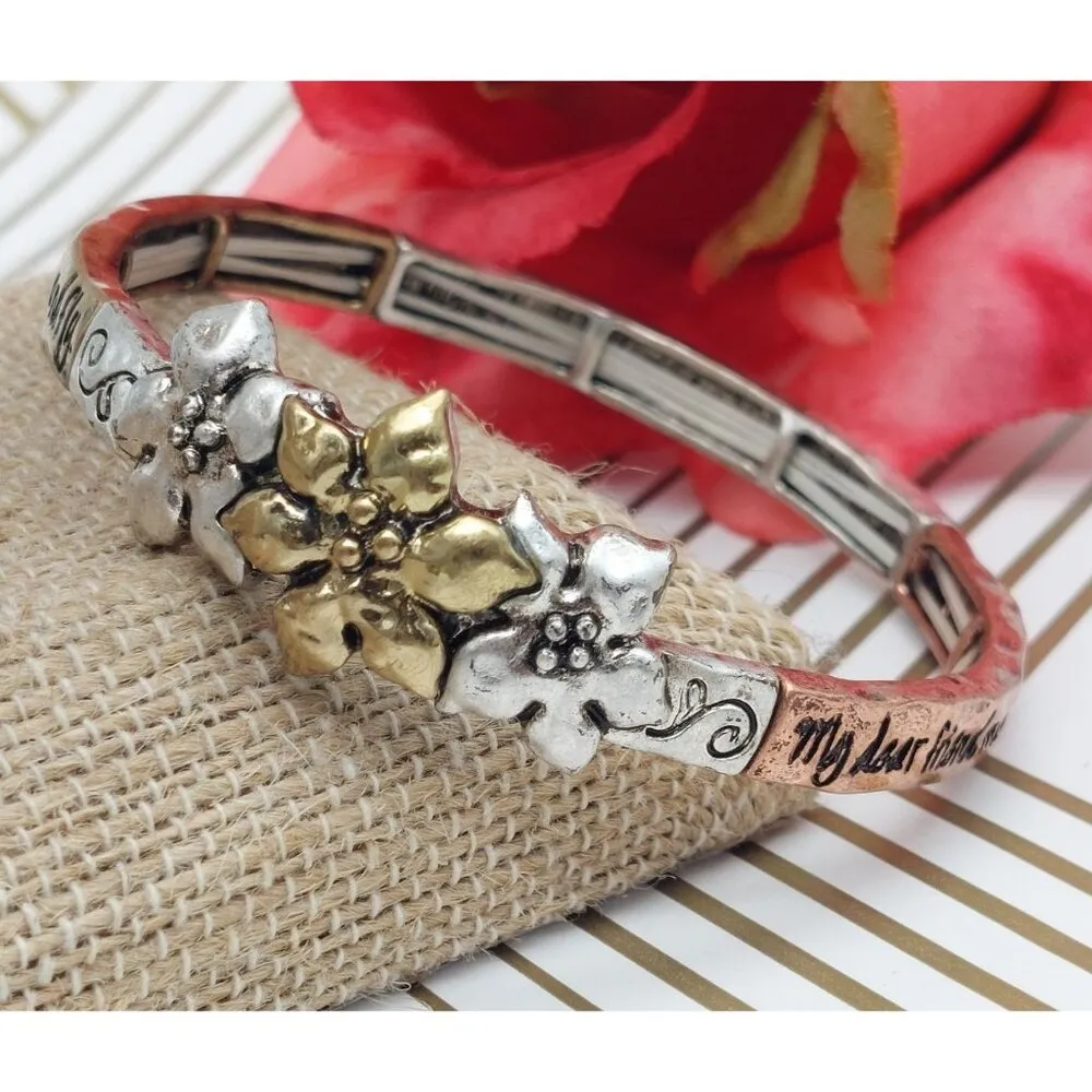 Tri Tone Friend Bracelet Stretch Silver Copper Gold Best Wishes - Image 9
