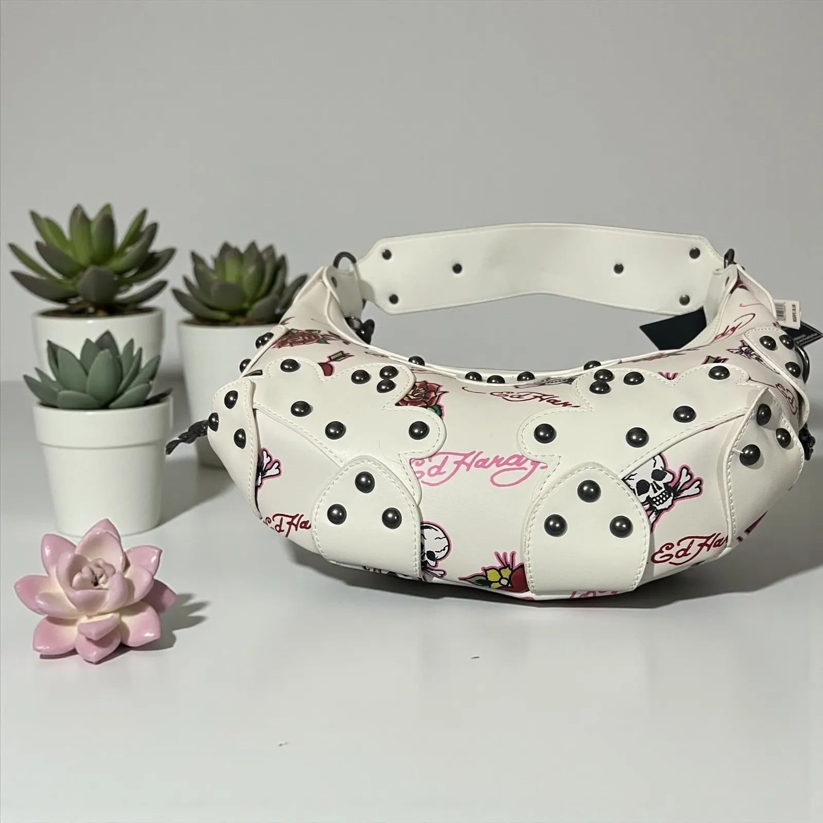 Ed Hardy White Skull Rose Tattoo Print Hobo Shoulder Bag Studded Punk Rock - Image 3