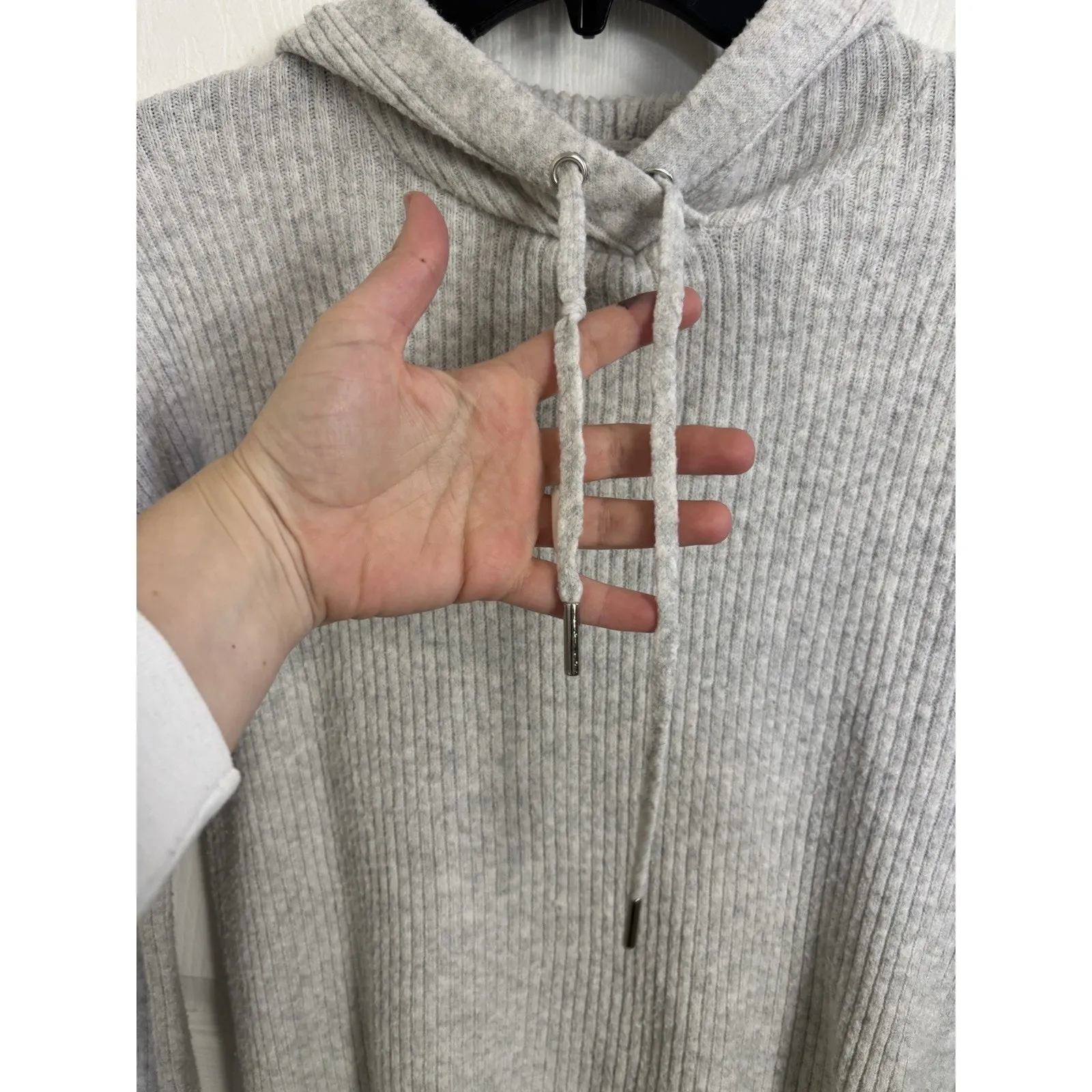 Rachel Zoe Wool Blend Gray Ribbed Hooded Sweater Size XS Cozy Casual Stretch - Image 4