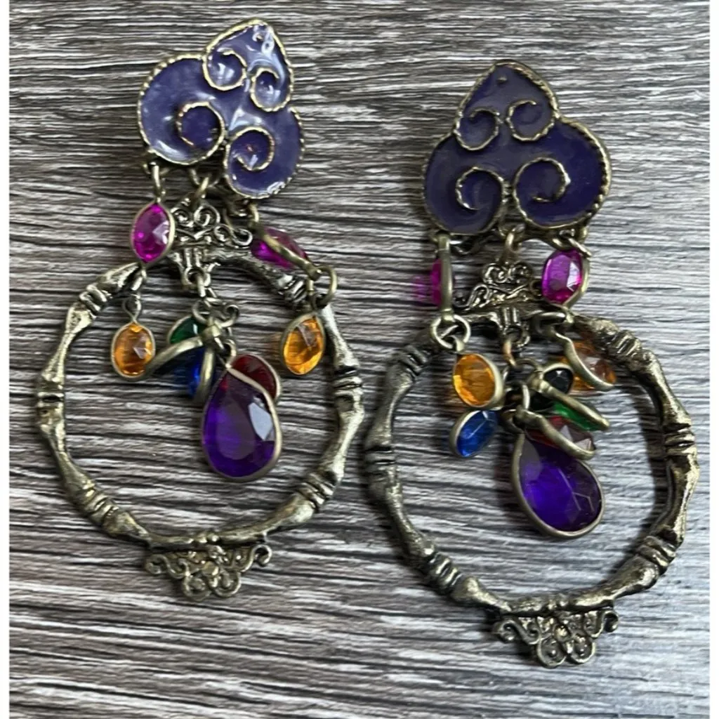 Vintage Brass Tone Open Vine Teardrop Chandelier Earrings with Multi Color Gems Brown - Image 2