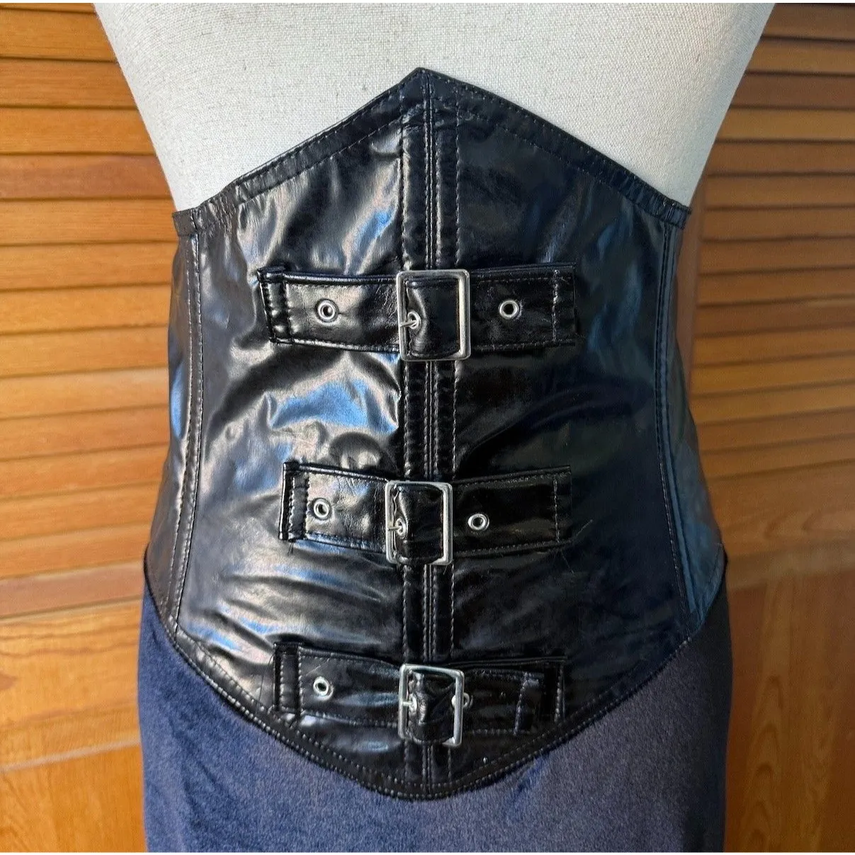 Vintage Phaze Goth Black Velvet & Vinyl High Waist Buckle Corset Skirt S - Image 2