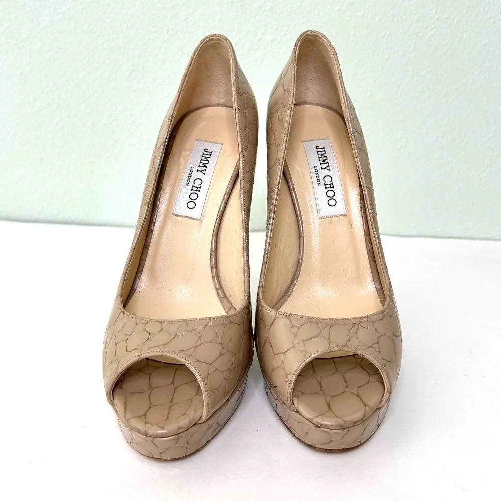 Jimmy Choo Croc Embossed Peep Toe Platform Pumps in Beige Taupe Size 37.5 - Image 11