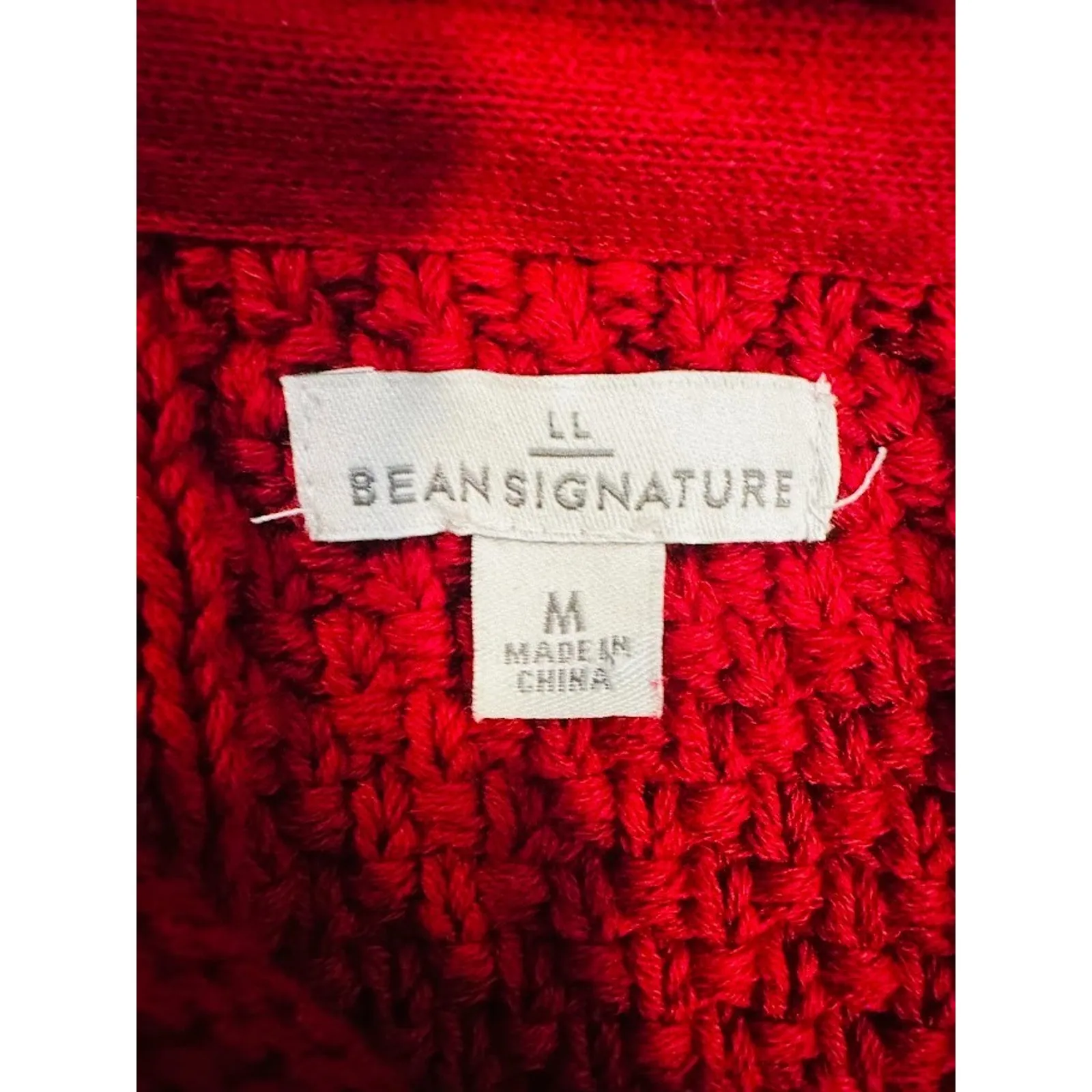 LL Bean Signature Chunky Knit Fisherman Shawl Collar Cardigan Sweater Medium Red - Image 6