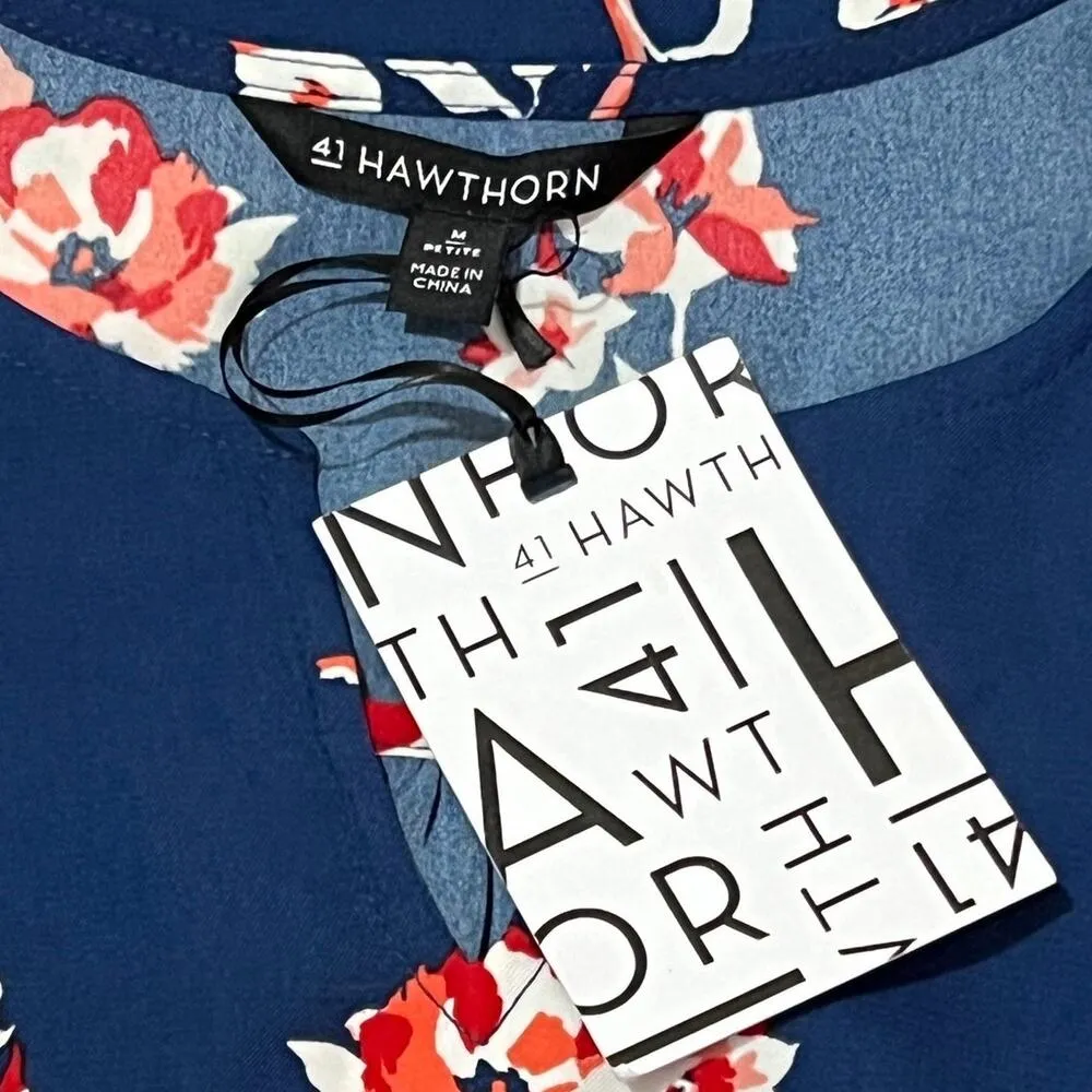 41Hawthorn MEDIUM PETITE Trisha Split Neck Dress Stitch Fix Floral Elastic Waist Blue - Image 5