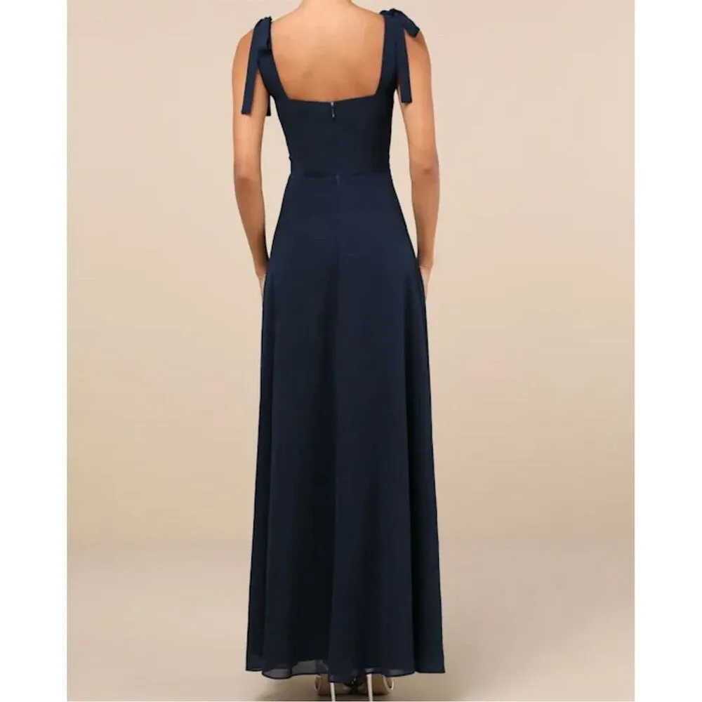 Lulus Women's Love Me Forever Navy Blue Tie-Strap Square Neck Maxi Dress Size M - Image 3