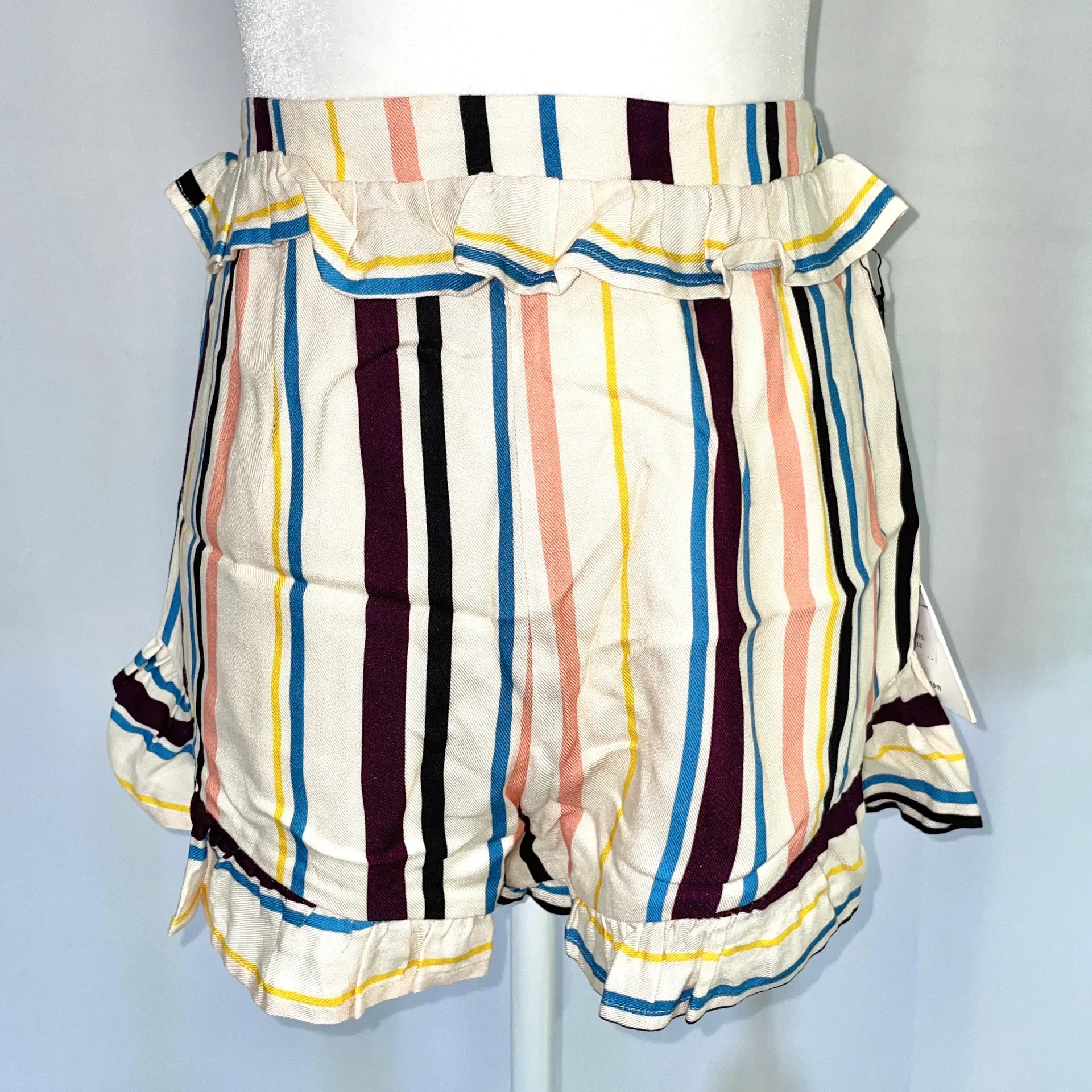 New  Colorful Striped Shorts Ruffle Trim Ivory Multi - Image 2