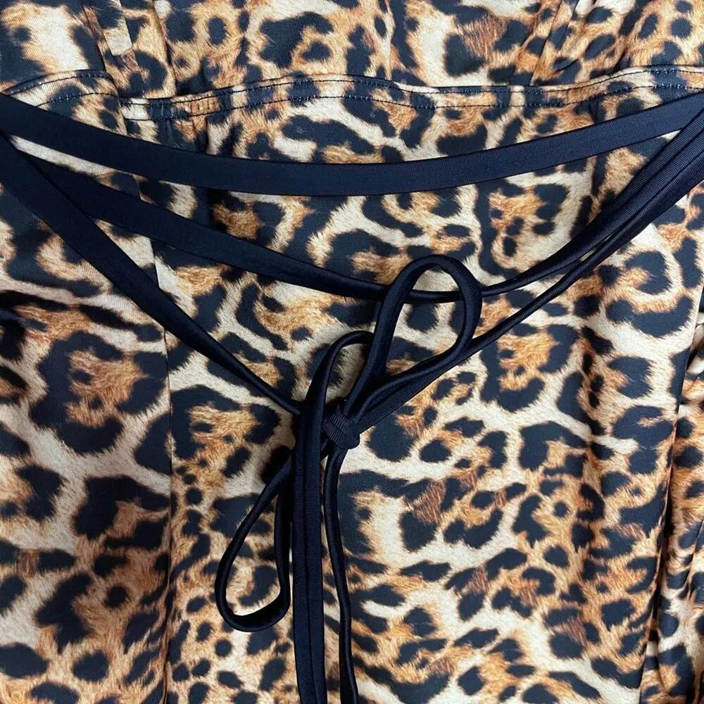 ASOS Leopard Print Black Brown Belted One Piece Deep V Neck Bathing Suit Size 6 - Image 2