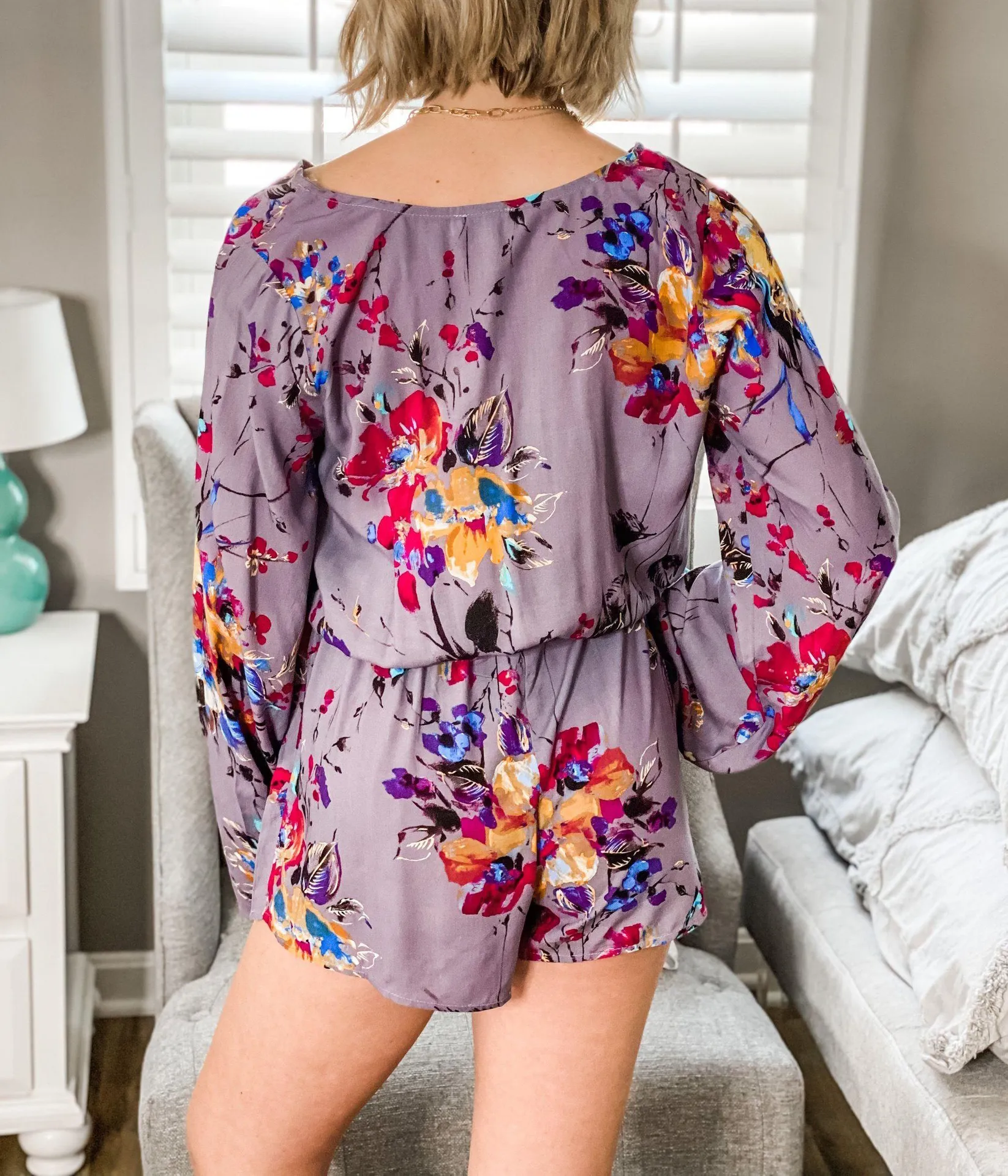 Lilac Floral Bell Wide Sleeve Button Up Romper Multiple - Image 3