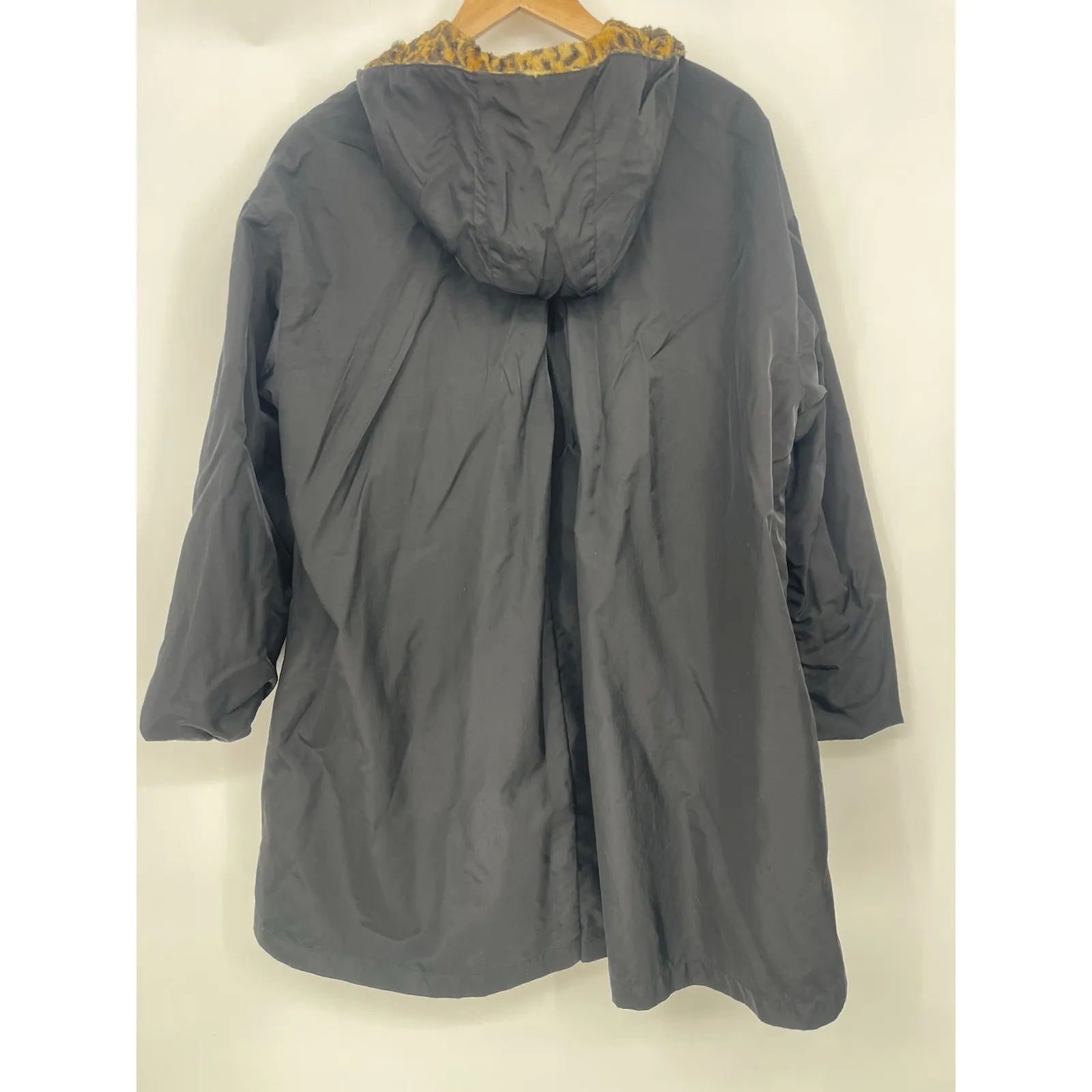 Vtg Gallery Womens Black Trench Coat Jacket Cheetah Liner Hood Outerwear Size M - Image 5