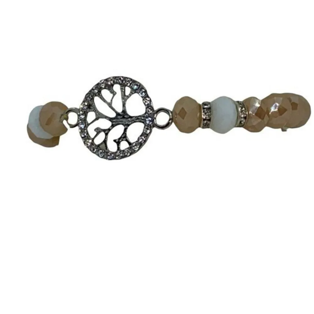 Gold & White Beaded Silver-Tone Tree of Life Pendant Rhinestone Stretch Bracelet - Image 2