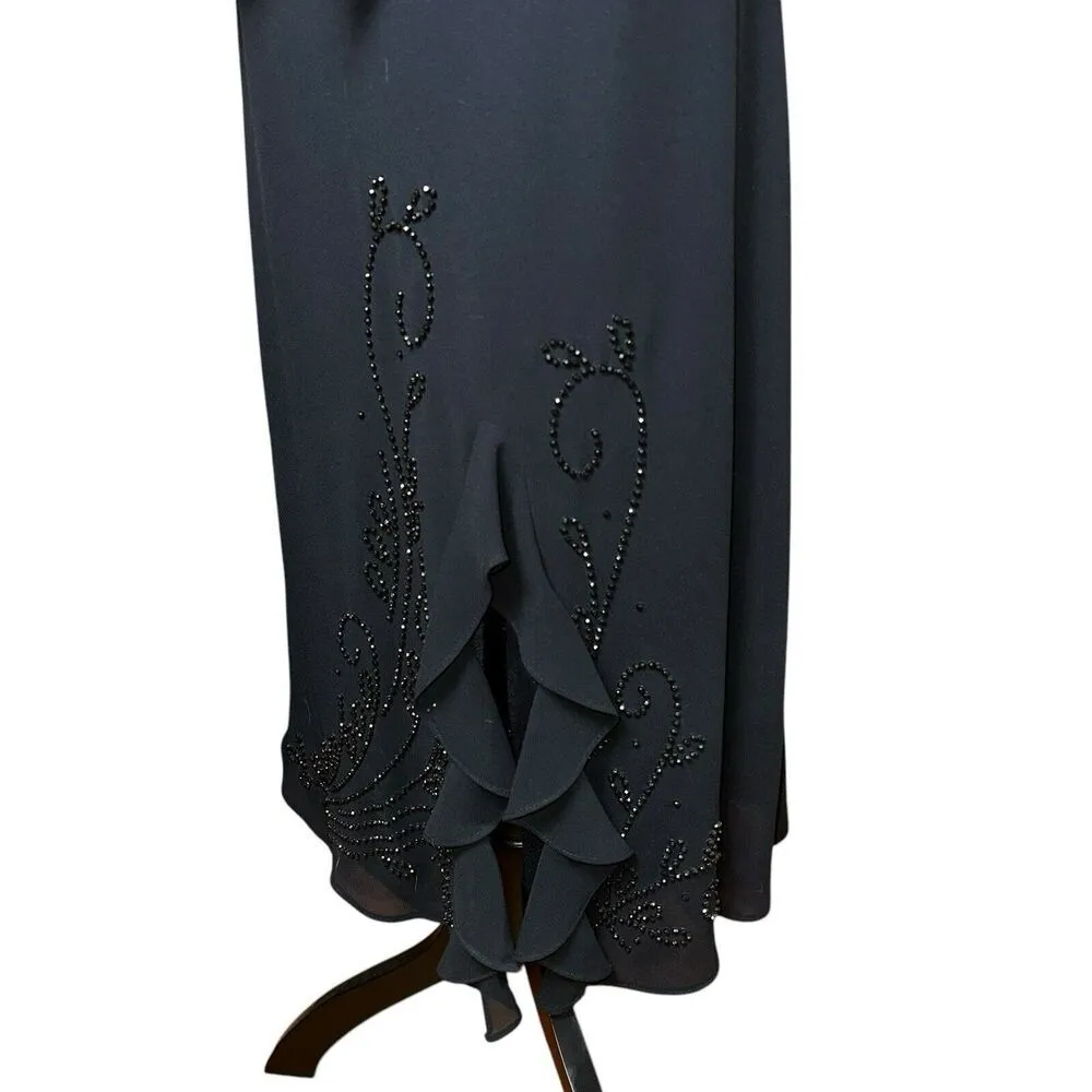 R&M Richards 2 Piece Black Beaded Evening Dress 6P | Ruffle Slit Lined Chiffon - Image 3