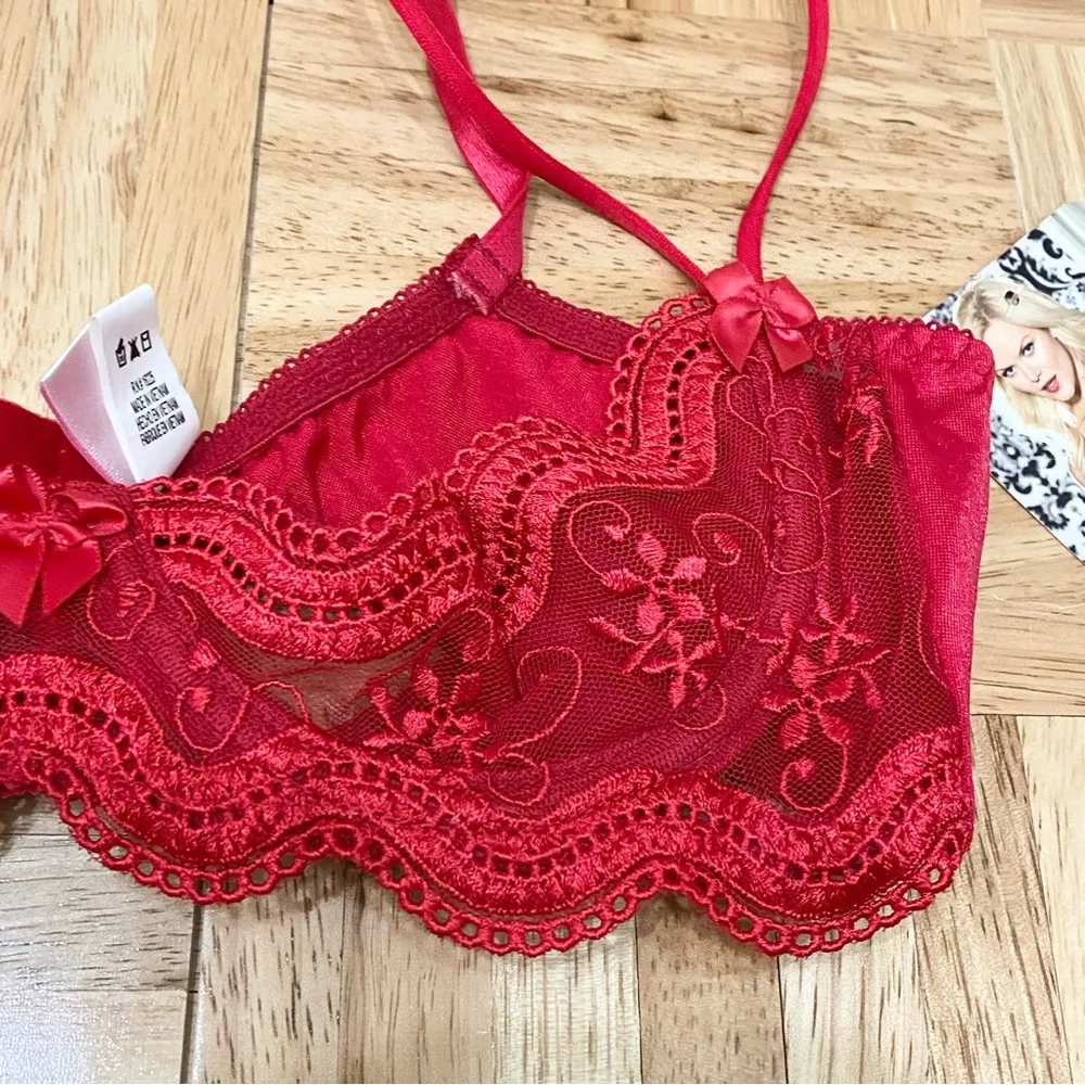 SHIRLEY of Hollywood 331 Red Embroidered Bra Shelf Size 34 - Image 5