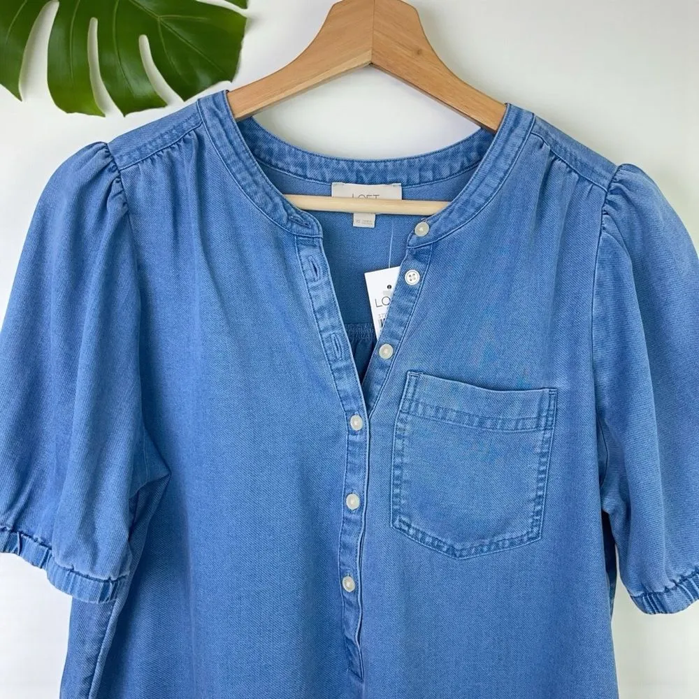 🆕 LOFT Chambray Puff-Sleeve Henley Top - Image 5