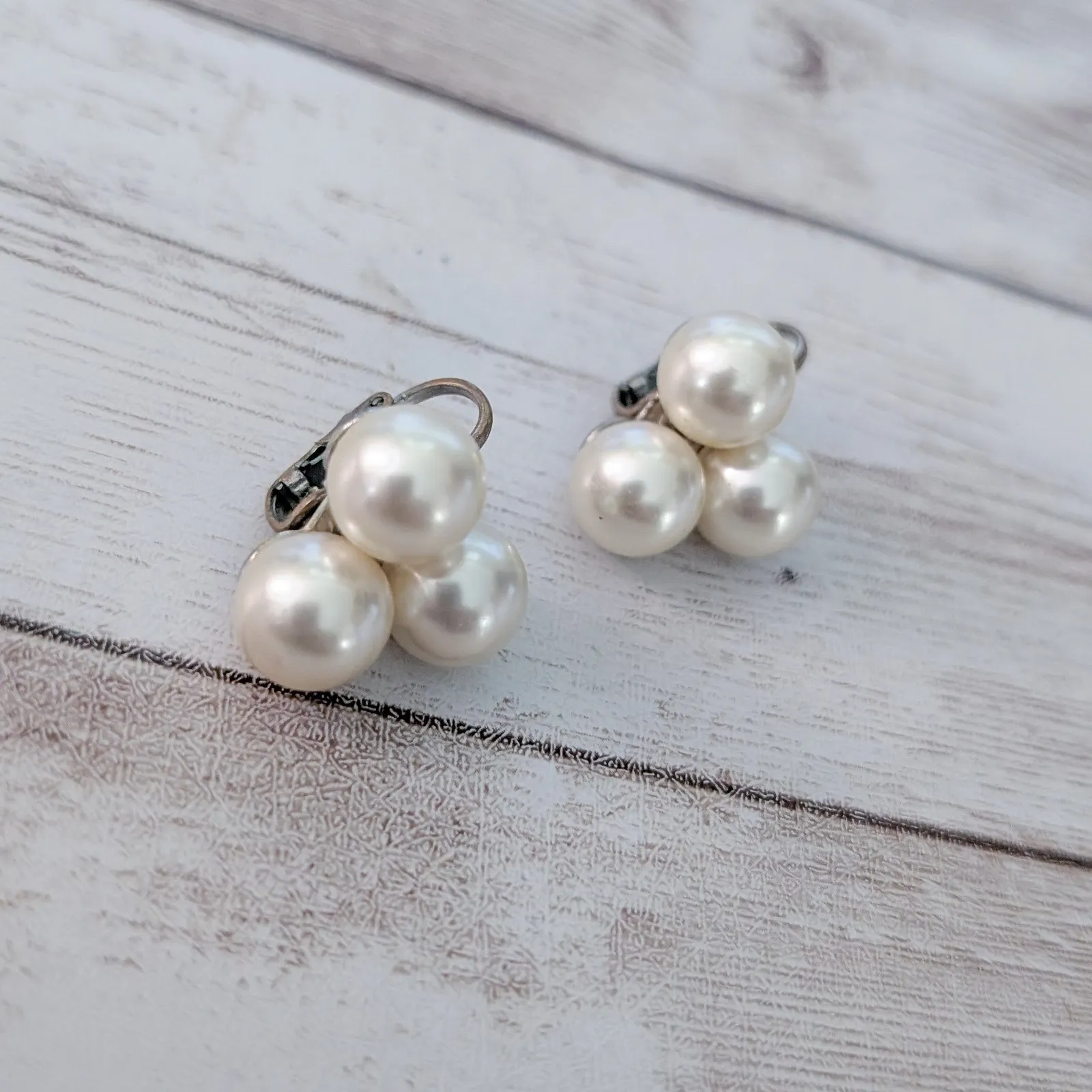 Vintage Clip On Earrings Faux Pearl Trio Statement - Image 4