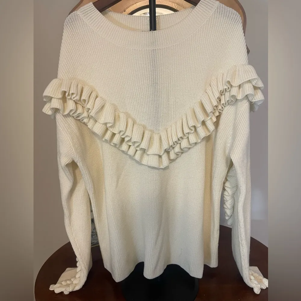 Women’s Frame Wool Blend Ruffle Yoke Ribbed Sweater In Off White oversized, SzL - Image 11