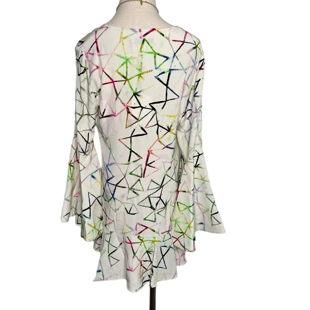Alexis Giovanna Flounce Bell Sleeve 100% silk watercolor Mini Dress size US 8-10 - Image 5
