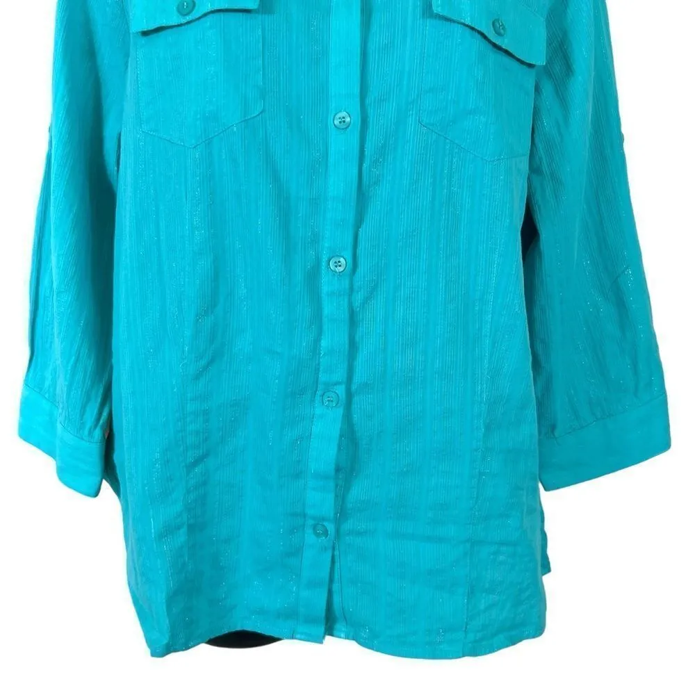 SagHarbor Turquoise Metallic Striped Button Down Shirt - Image 3