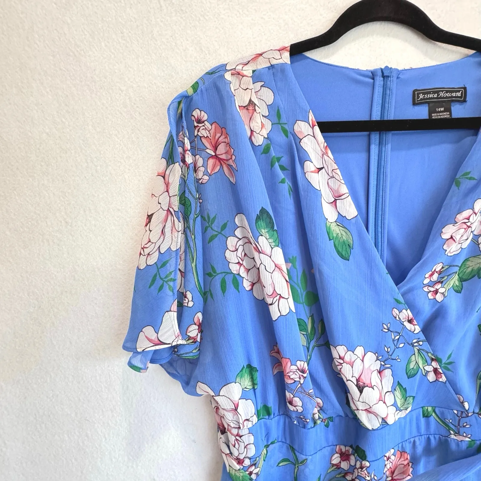 Jessica Howard Blue Floral Maxi Wrap Dress 14W Asymmetrical Ruffle Lined - Image 8