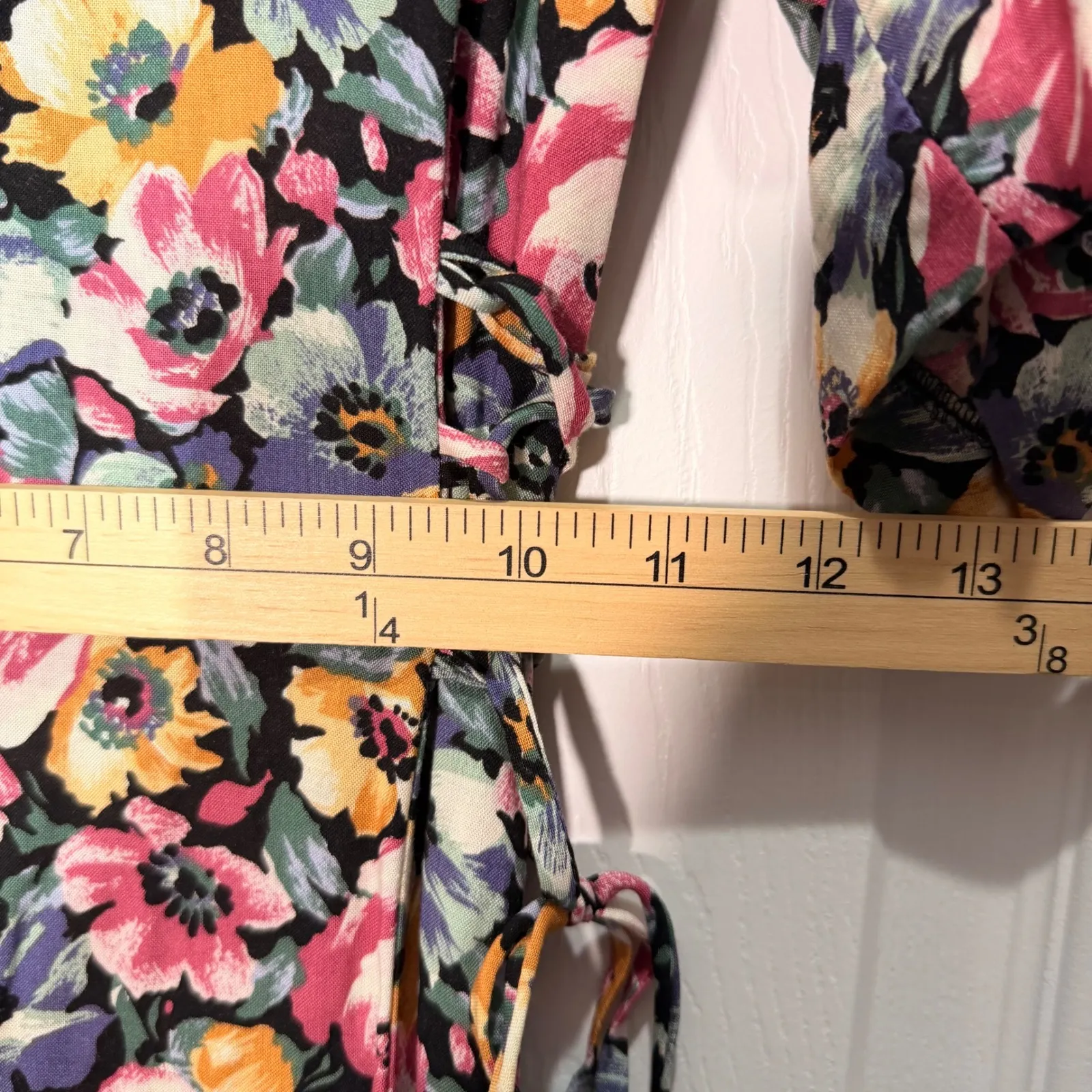 Paris Sport Club Floral Midi Dress Puff Sleeve Tie Waist Size 14 Small VTG Black - Image 7