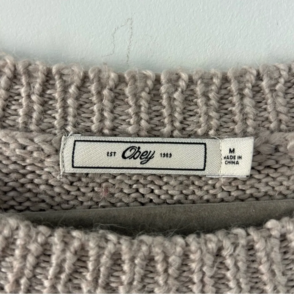 Obey Wool Alpaca Brown Red Stripe Knit Crewneck Sweater Denim Elbow Patch M - Image 5