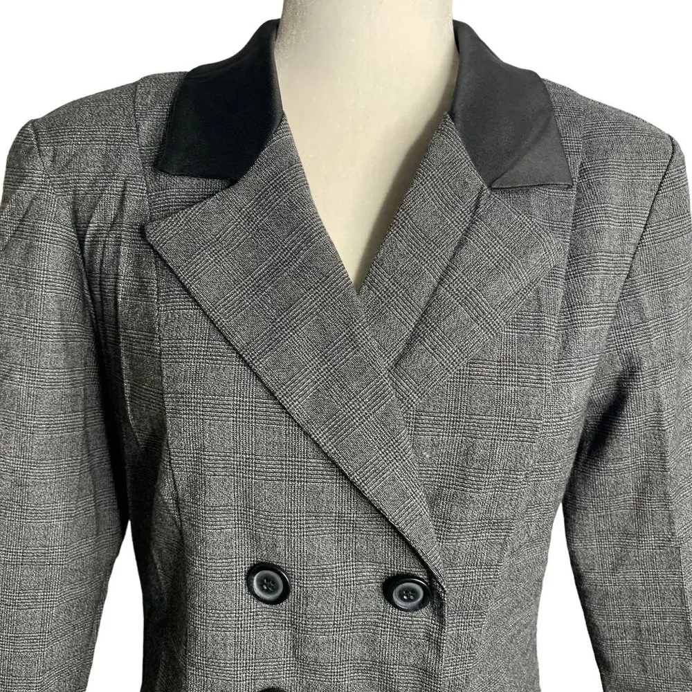 Vintage Dress Barn Skirt Suit Set 8 Black Check Double Breasted Satin Collar - Image 3