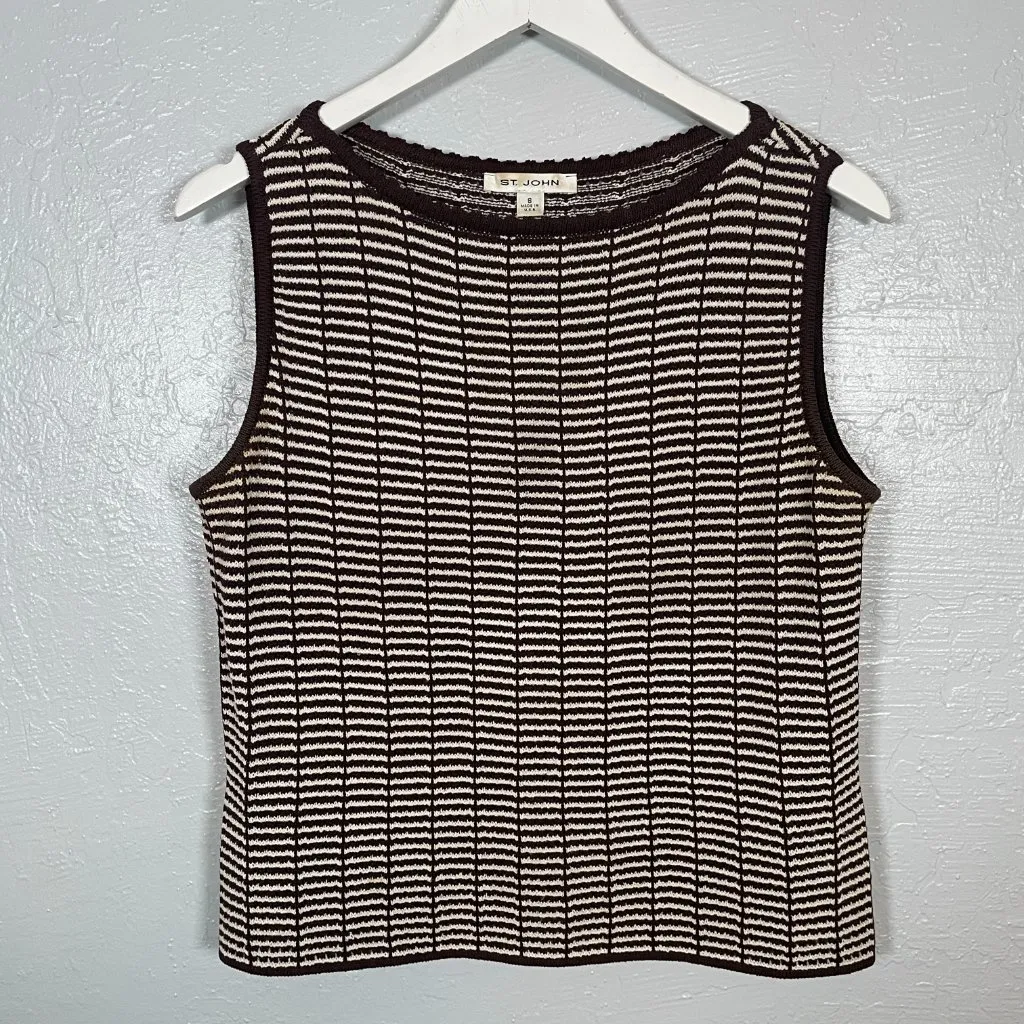 St John Collection Women 6/ S Brown White Stripe Sweater Set Knit Shoulder Pads - Image 6