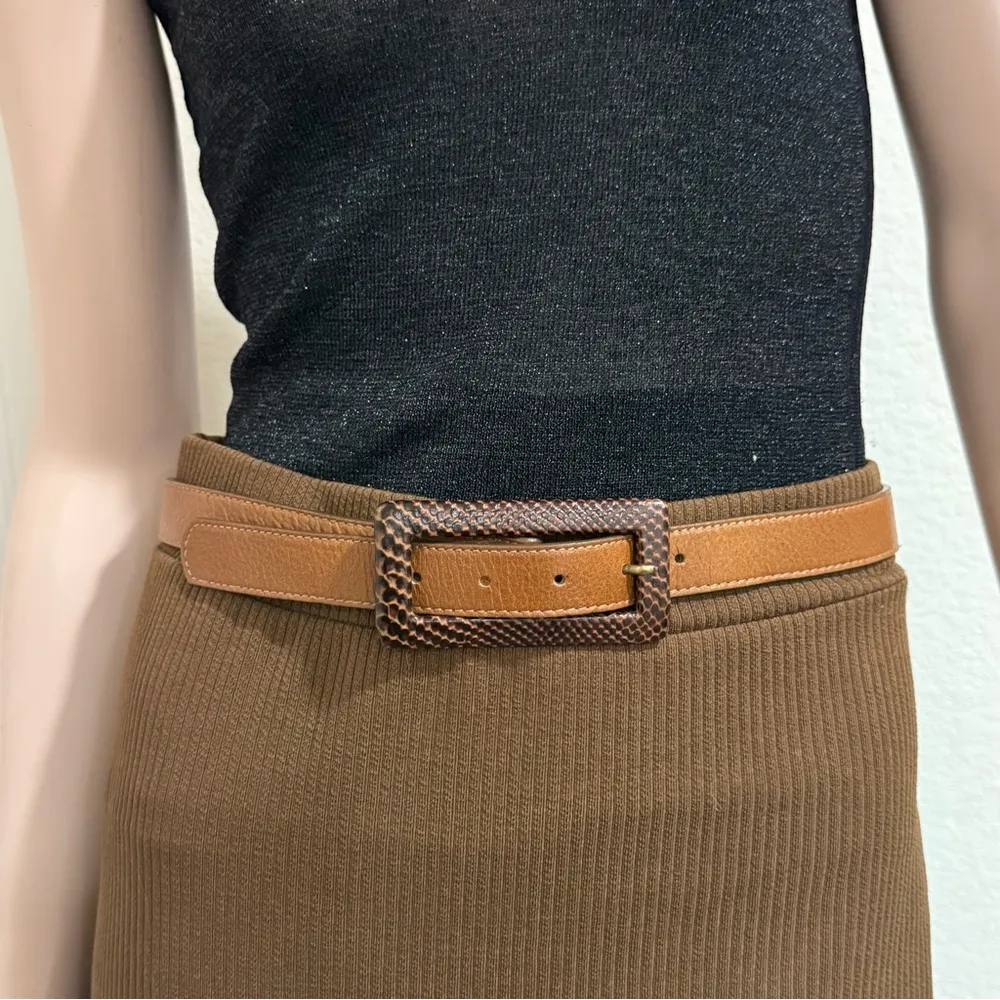 LEATHEROCK Snakeskin Leather Buckle Brown Genuine Leather Skinny Belt Size 32 - Image 2