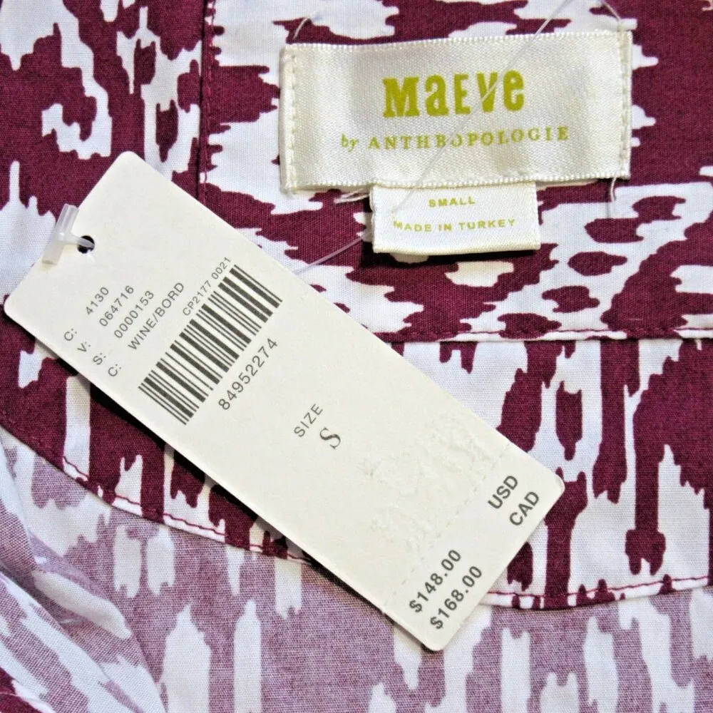 NWT Anthropologie Maeve The Bettina in Wine White Print Cotton Shirt Dress S - Image 3