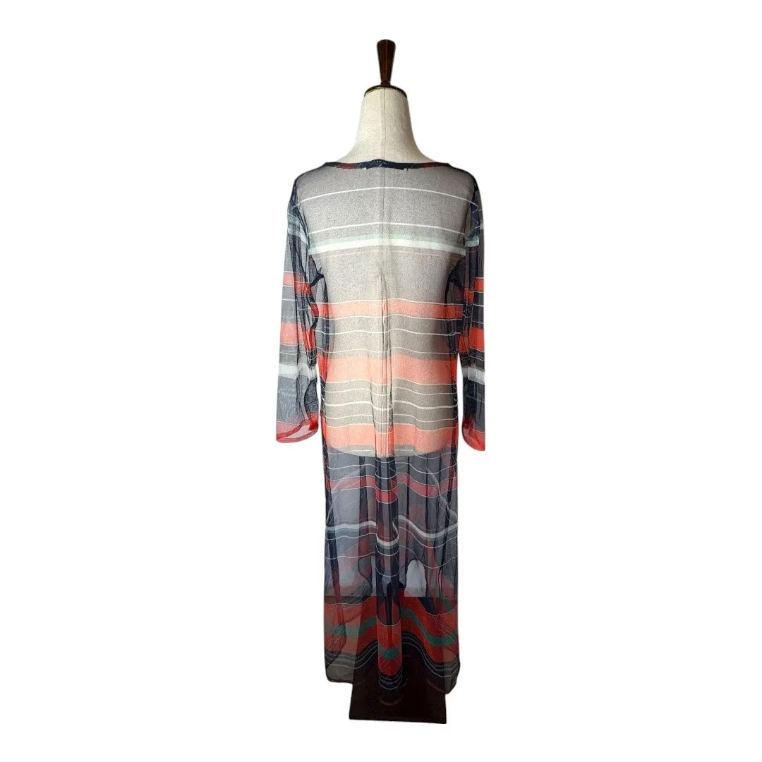 LULUSAR Dress Women‎ Medium Blue Red Sheer Striped Maxi Dress Mesh Cover Up - Image 2