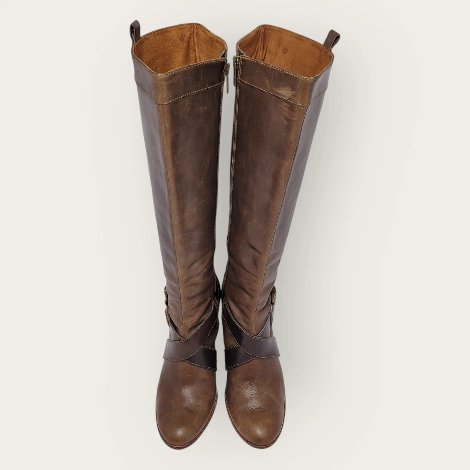 Frye Andrea Belted Tall Full Zip Brown Leather Riding Boot Size 10M 77321 - Image 10