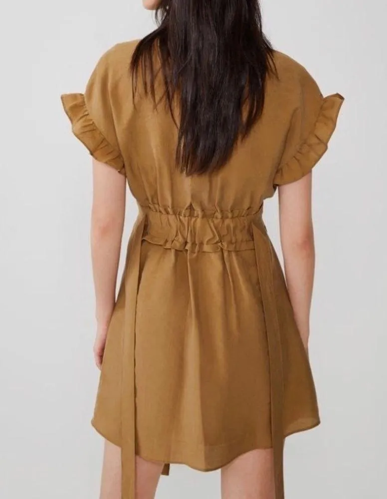 Zara Ruffle Sleeve Keyhole Back Cinched Waist Brown Mini Dress Size Small - Image 3