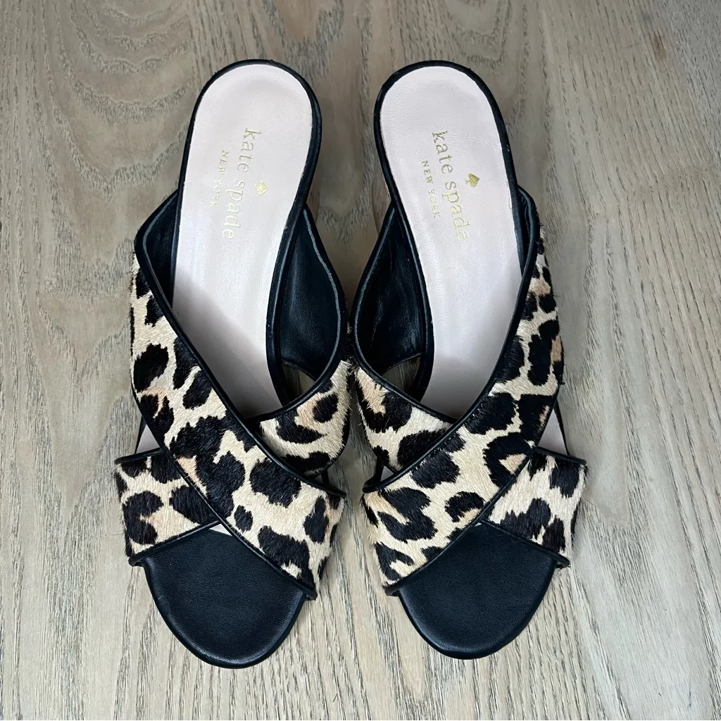 Kate Spade Denault Leopard Calf Hair Mules Cork Block Heel Women’s Size 7.5 - Image 5