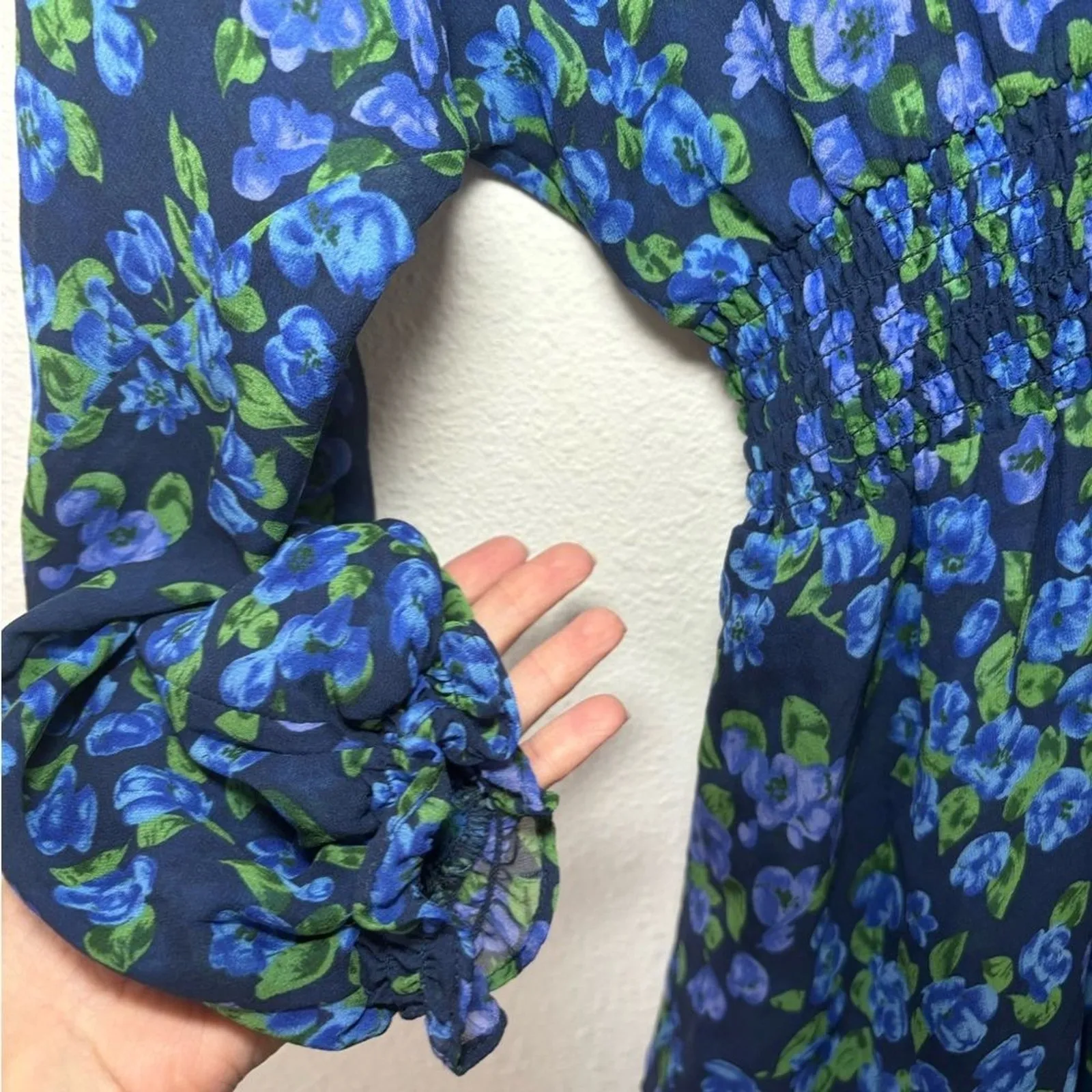 The Kooples Size 2 100% Silk Blue Floral Ruffle Dress Flowy Long Sleeve Cocktail - Image 6