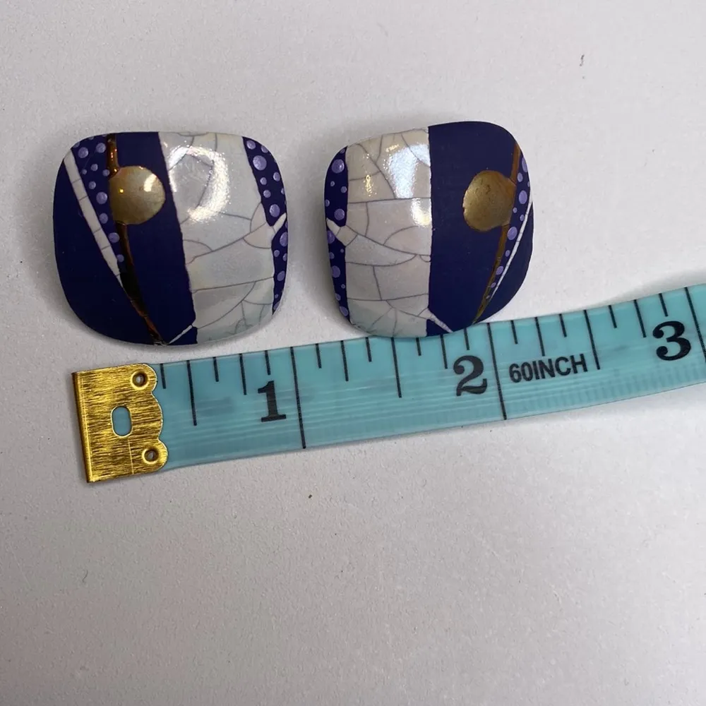Women’s Vintage Rectangular Abstract Ceramic 1980’s Earrings OS Glazed Blue Gold - Image 4