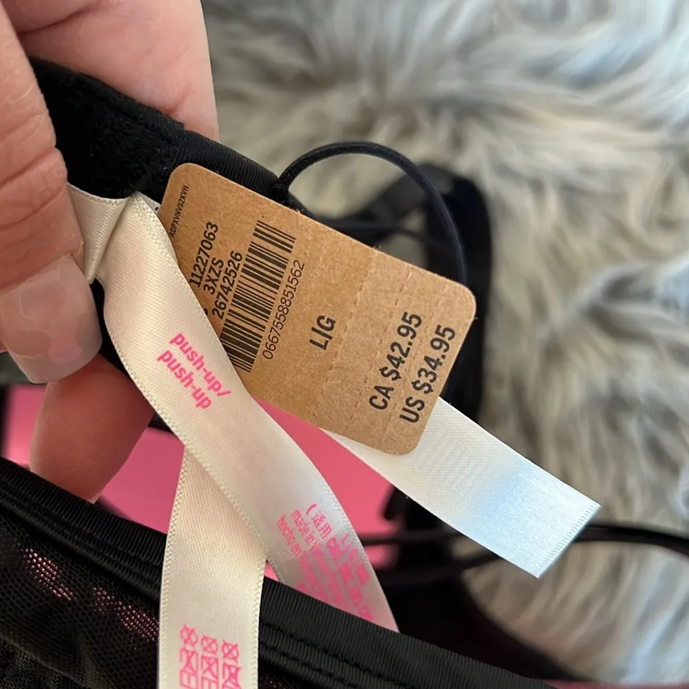 NWT Victoria's Secret Pink Black Pushup Balconette Bra Rhinestones sz L - Image 5