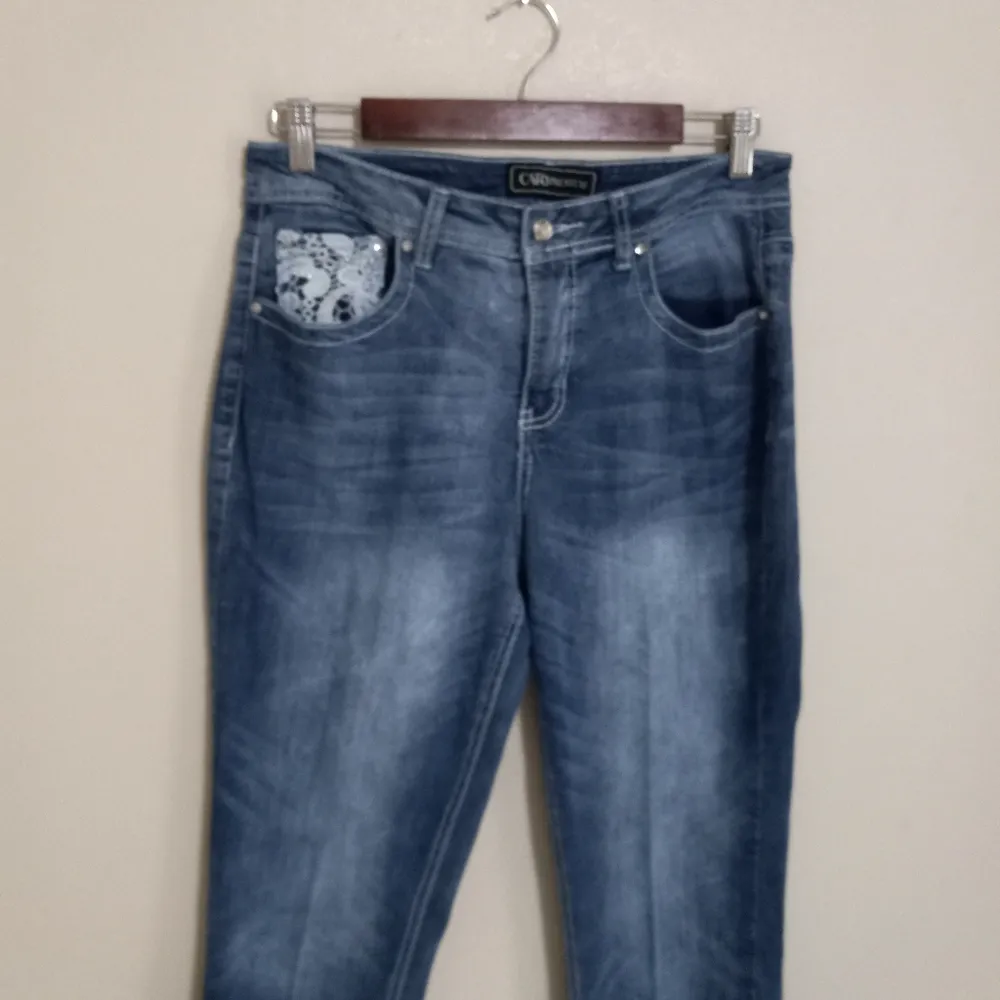 Cato Premium 12 32x32 Bling Crystal Crocheted Lace Flap Pocket Distressed Jeans - Image 6